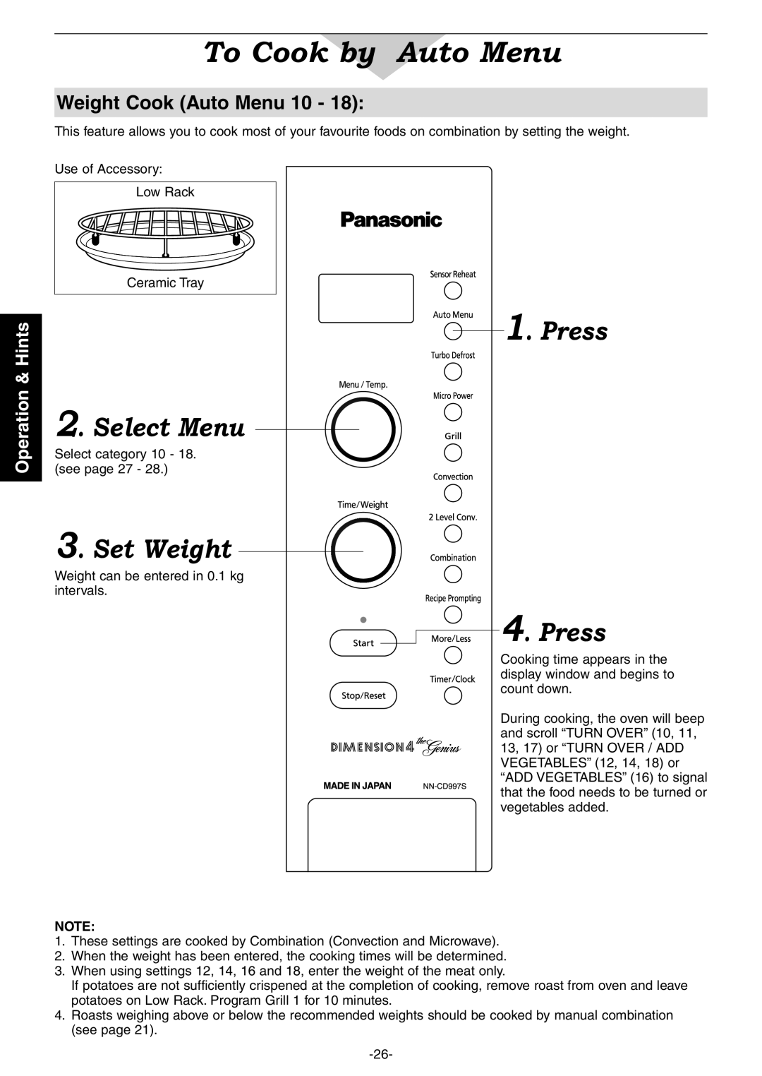 Panasonic NN-CD987W Press 2. Select Menu, Set Weight, Weight Cook Auto Menu, To Cook by Auto Menu, Operation & Hints 