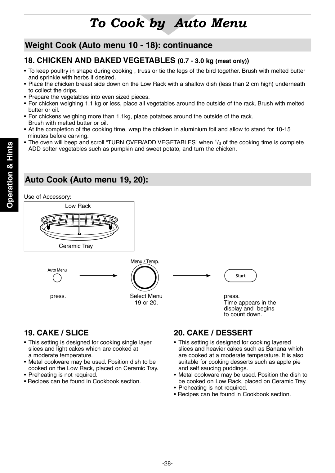 Panasonic NN-CD987W Weight Cook Auto menu 10 - 18 continuance, Auto Cook Auto menu, Cake / Slice, Cake / Dessert 