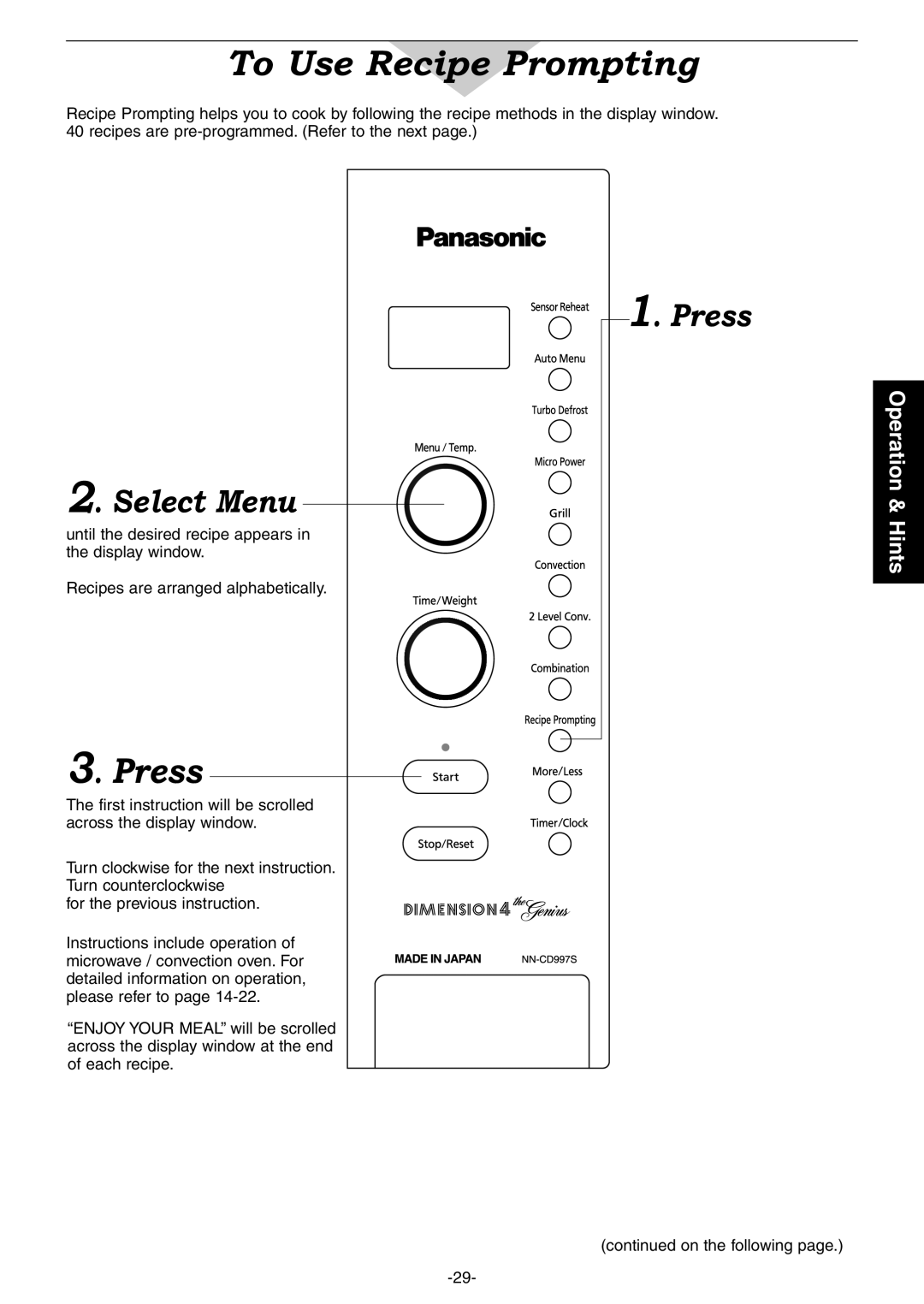 Panasonic NN-CD997S, NN-CD987W operating instructions To Use Recipe Prompting, Press 2. Select Menu, Operation & Hints 