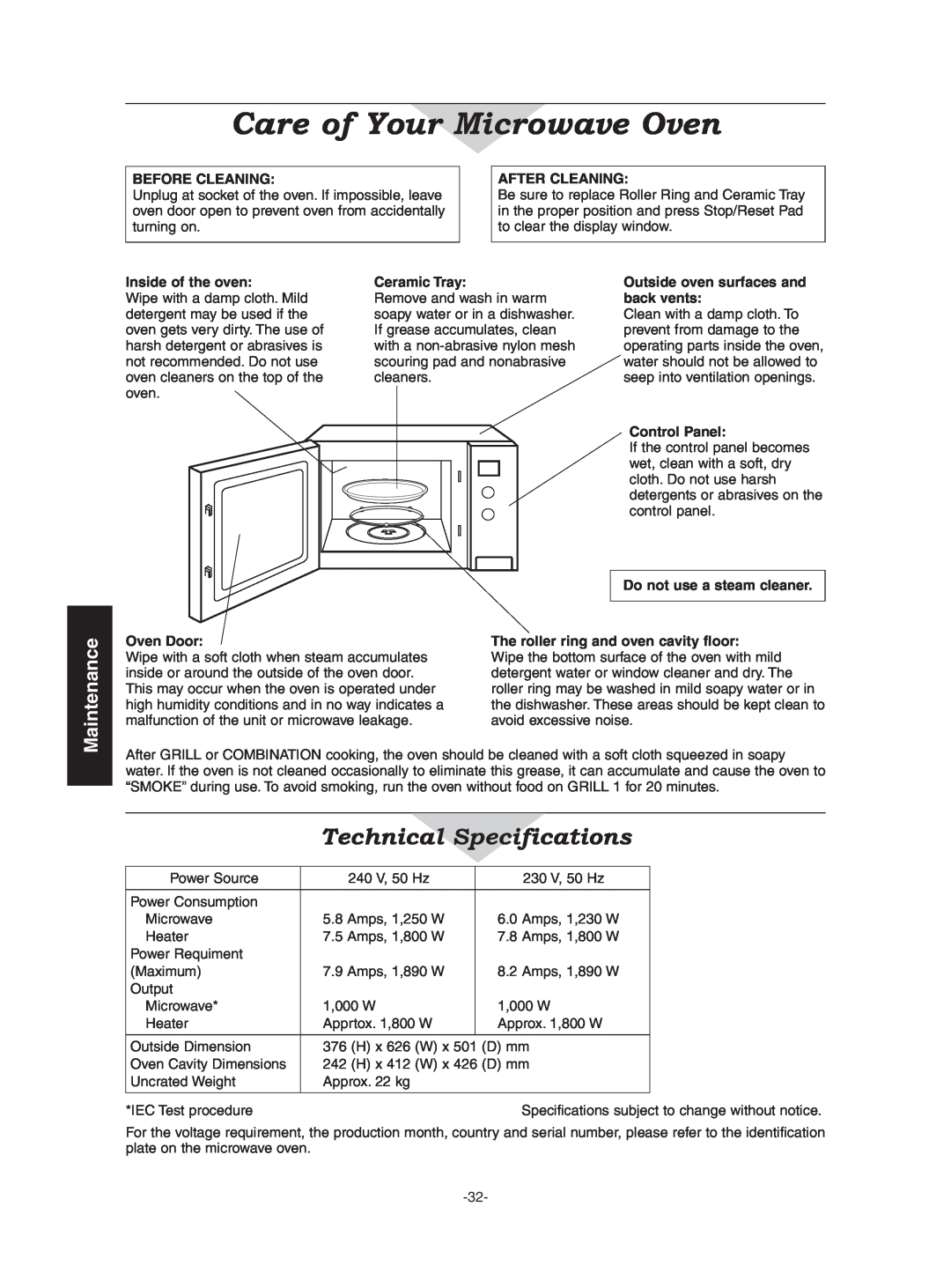 Panasonic NN-CD987W, NN-CD997S operating instructions Care of Your Microwave Oven, Technical Specifications, Maintenance 