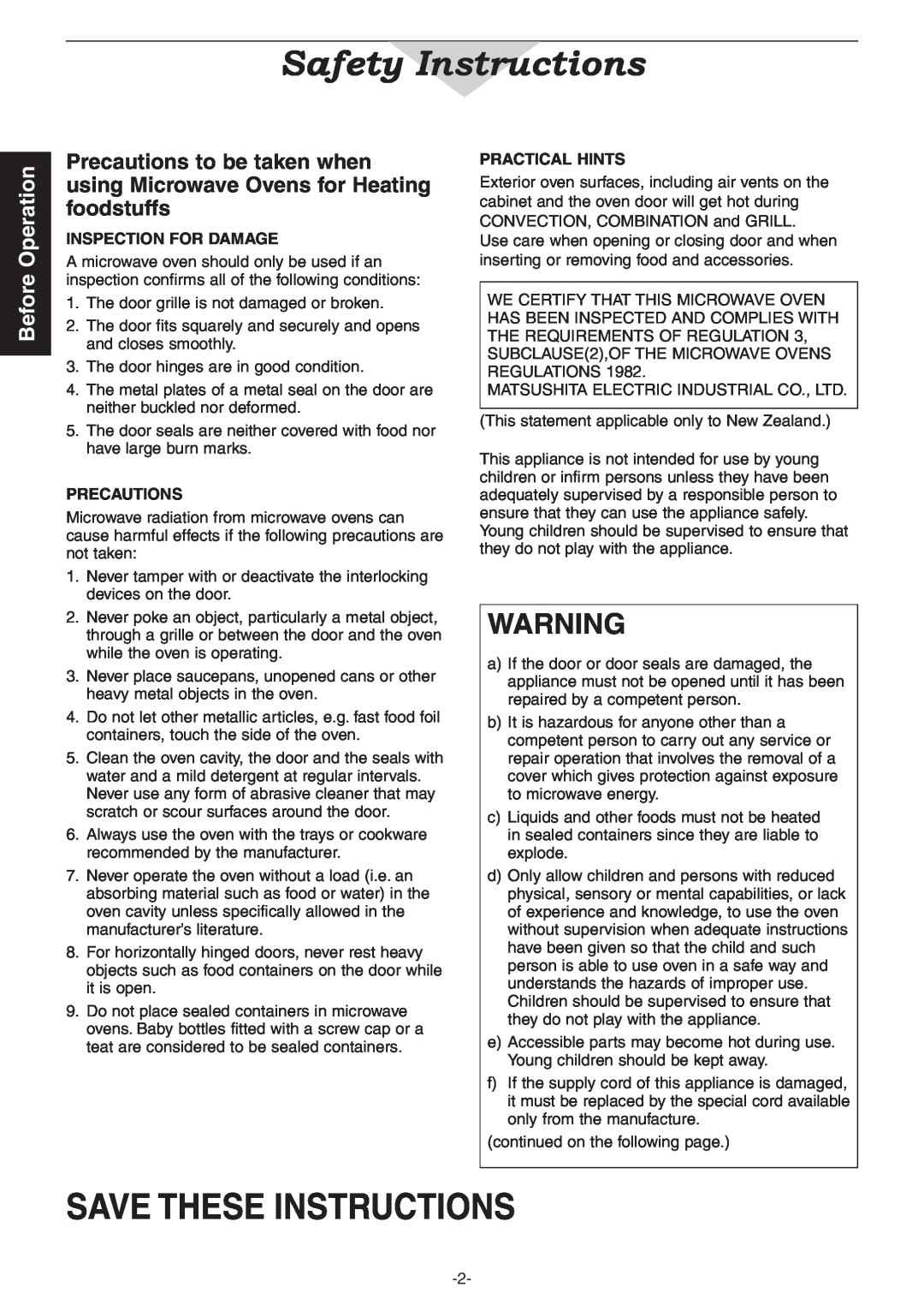 Panasonic NN-CD987W, NN-CD997S operating instructions Safety Instructions, Before Operation, Save These Instructions 