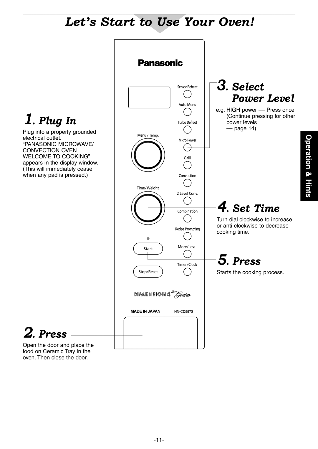 Panasonic NN-CD997S manual Let’s Start to Use Your Oven, Plug In, Press, Select Power Level, Set Time, Operation & Hints 