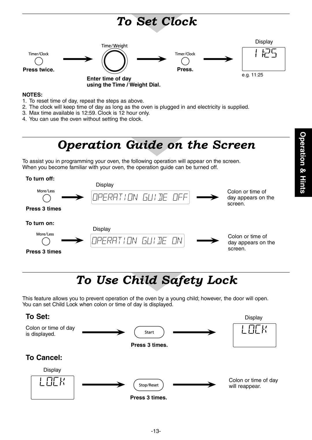Panasonic NN-CD997S To Set Clock, Operation Guide on the Screen, To Use Child Safety Lock, To Cancel, Operation & Hints 