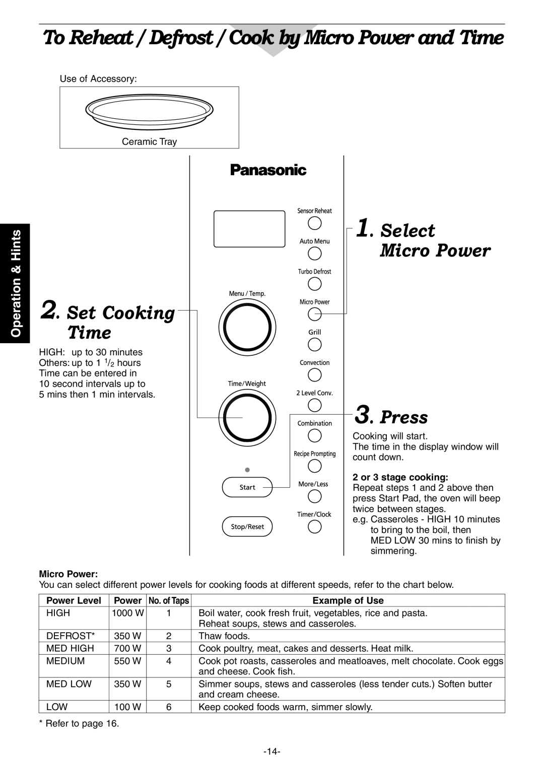 Panasonic NN-CD987W, NN-CD997S manual Select Micro Power 3. Press, Set Cooking Time, Operation & Hints 