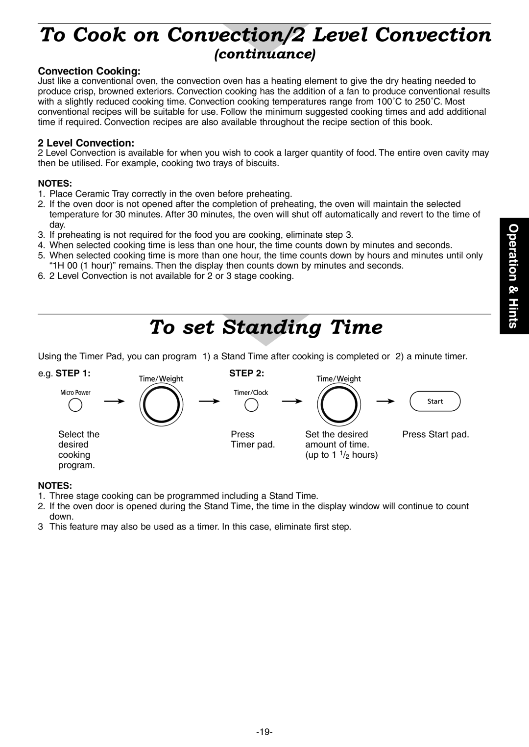 Panasonic NN-CD997S manual To set Standing Time, To Cook on Convection/2 Level Convection, continuance, Operation & Hints 