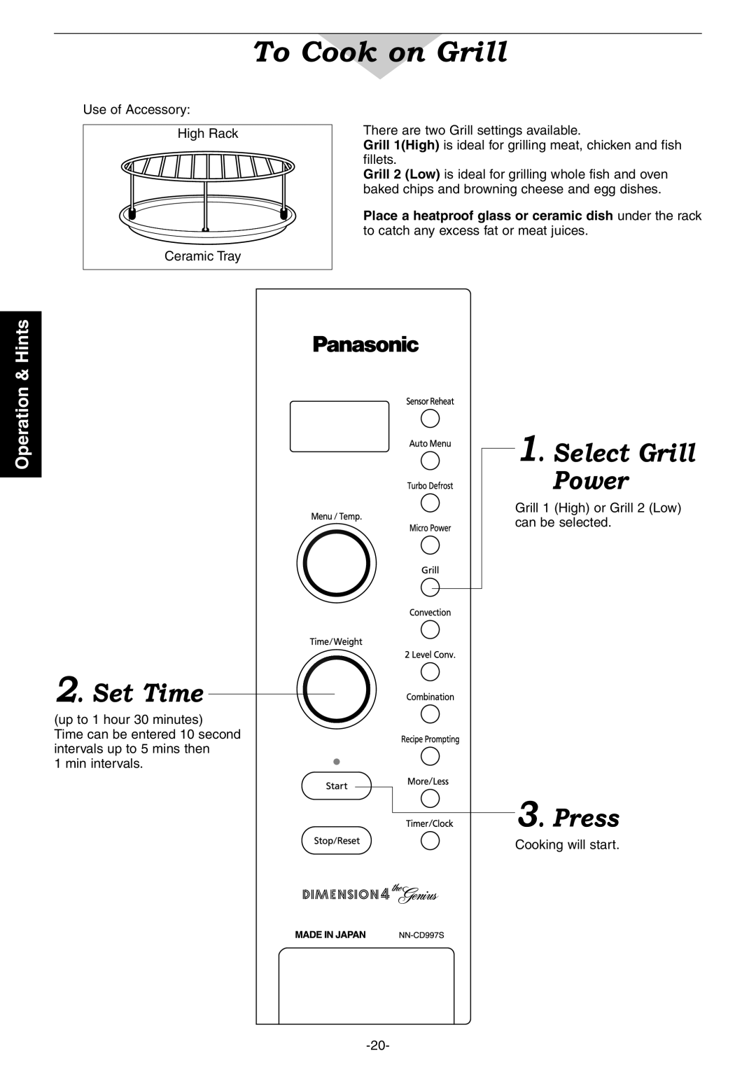 Panasonic NN-CD987W, NN-CD997S manual To Cook on Grill, Set Time, Select Grill Power, Press, Operation & Hints 