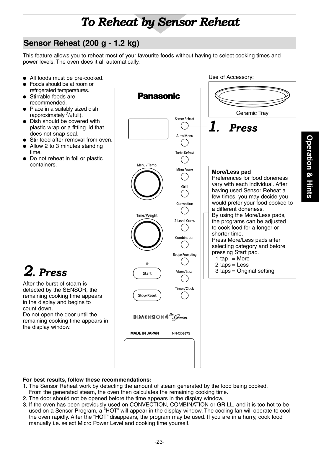 Panasonic NN-CD997S, NN-CD987W manual To Reheat by Sensor Reheat, Press, Sensor Reheat 200 g - 1.2 kg, Operation & Hints 