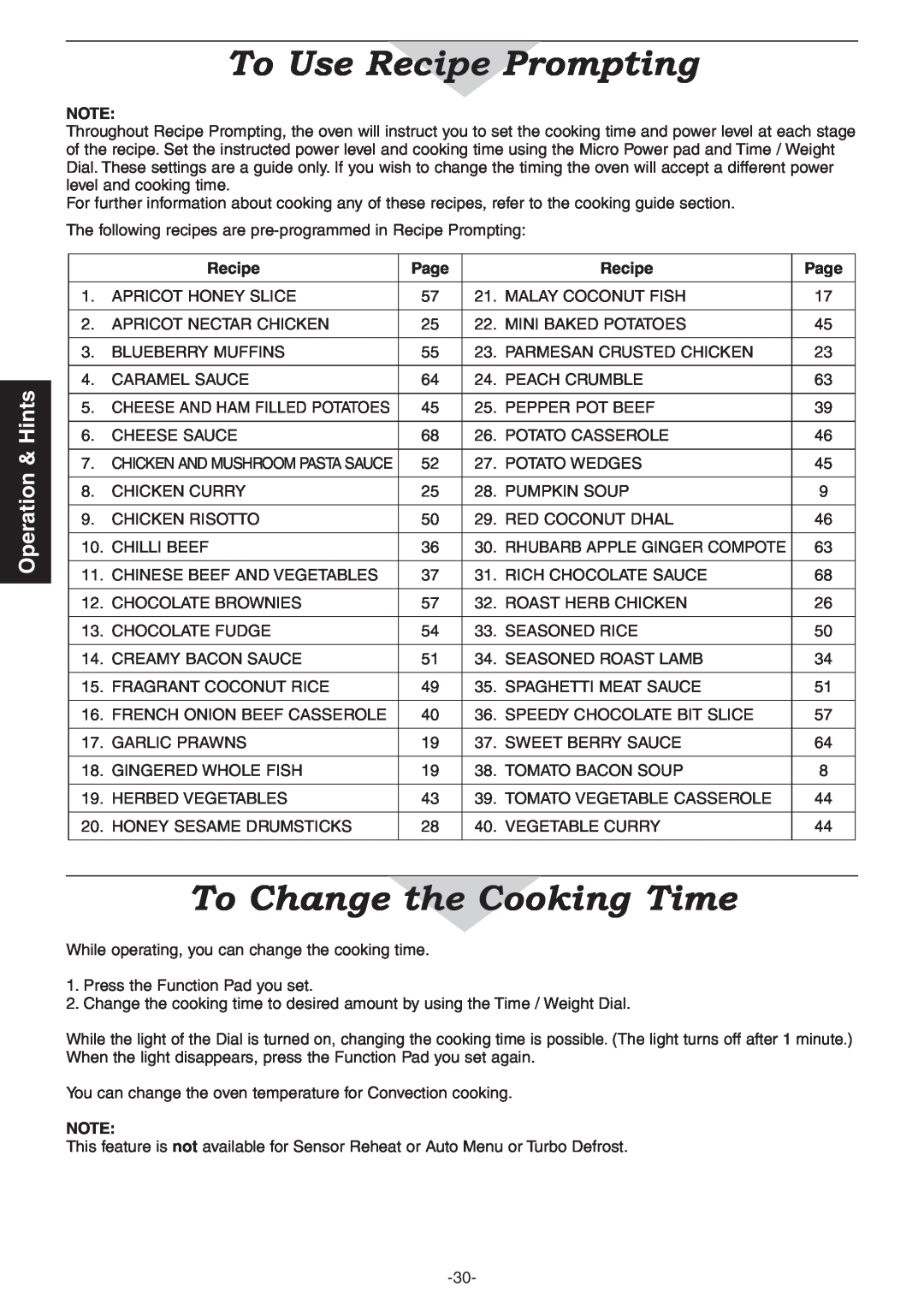Panasonic NN-CD987W, NN-CD997S manual To Change the Cooking Time, Hints, To Use Recipe Prompting 