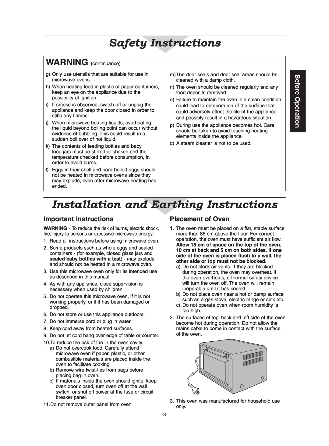 Panasonic NN-CD997S Installation and Earthing Instructions, Important Instructions, Placement of Oven, Safety Instructions 