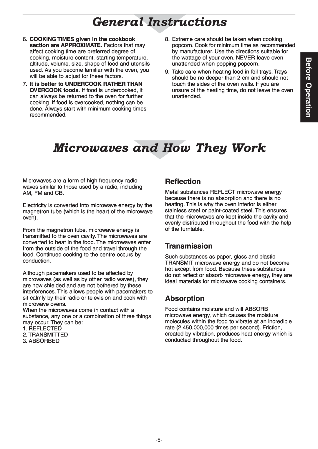 Panasonic NN-CD997S, NN-CD987W Microwaves and How They Work, Reflection, Transmission, Absorption, General Instructions 