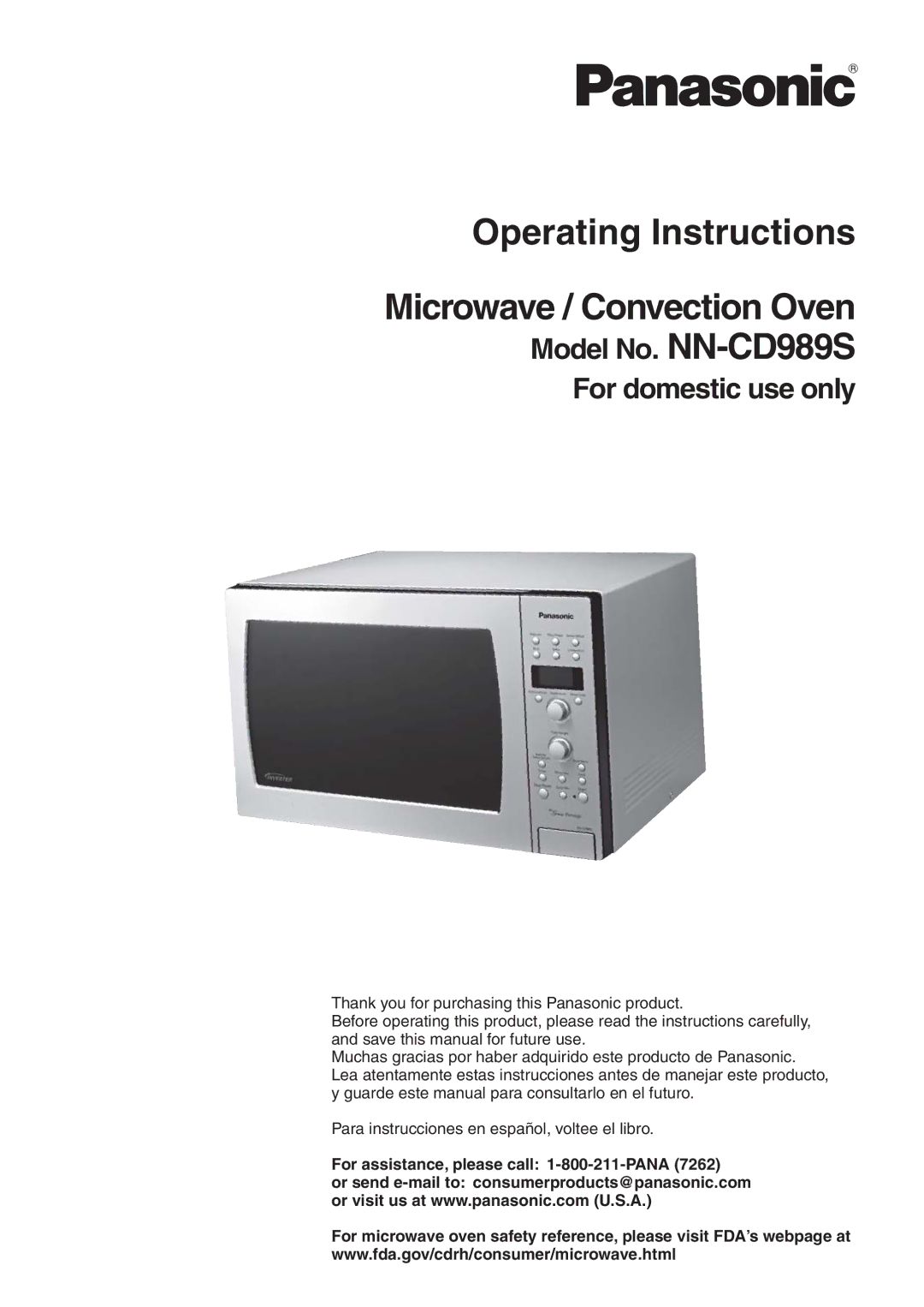 Panasonic NN-CD989S manual Operating Instructions, For assistance, please call 1-800-211-PANA 