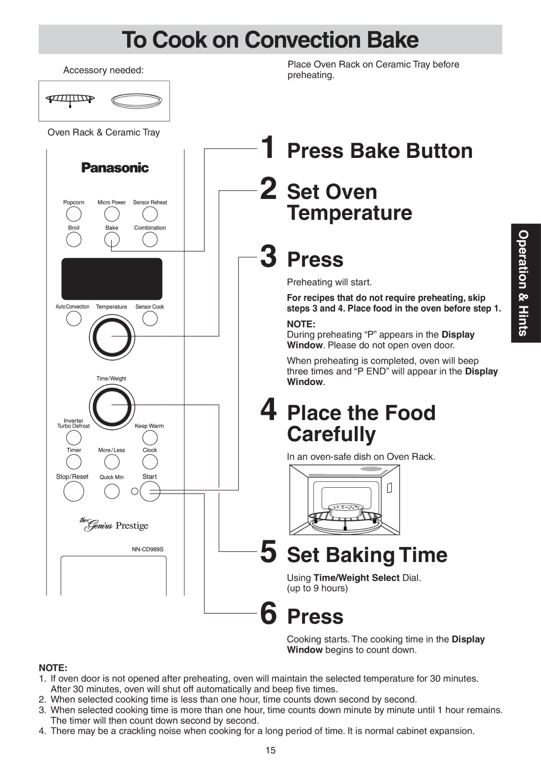 Panasonic NN-CD989S manual To Cook on Convection Bake, Press Bake Button Set Oven Temperature, Place the Food Carefully 