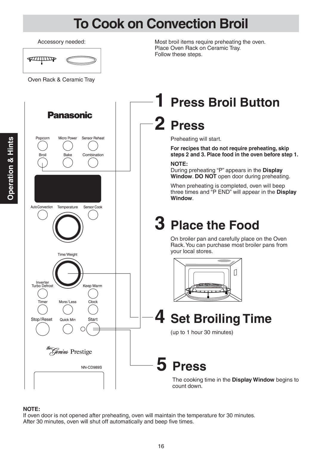 Panasonic NN-CD989S manual To Cook on Convection Broil, Press Broil Button, Place the Food, Set Broiling Time 