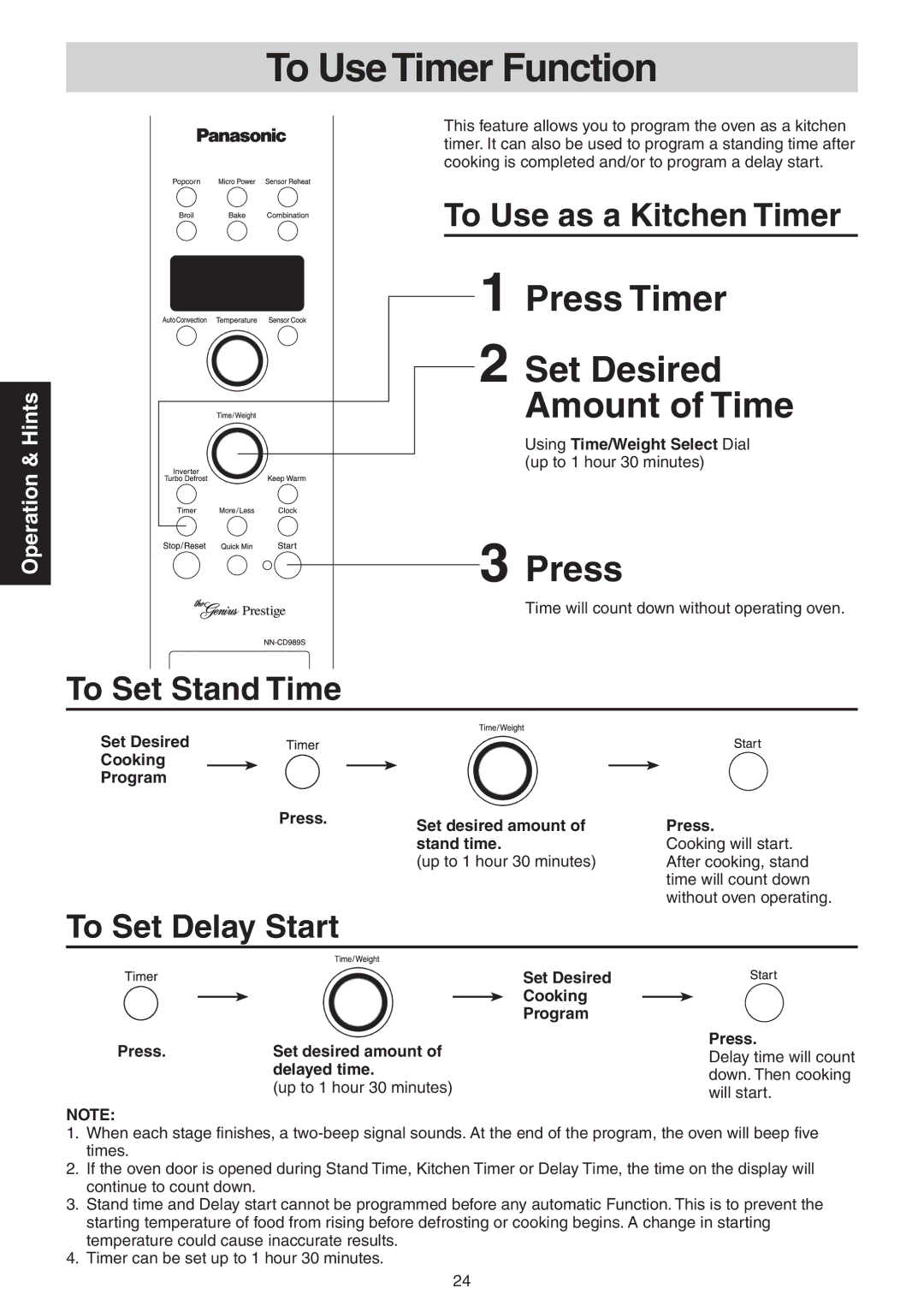 Panasonic NN-CD989S manual To Use Timer Function, Press Timer Set Desired Amount of Time 