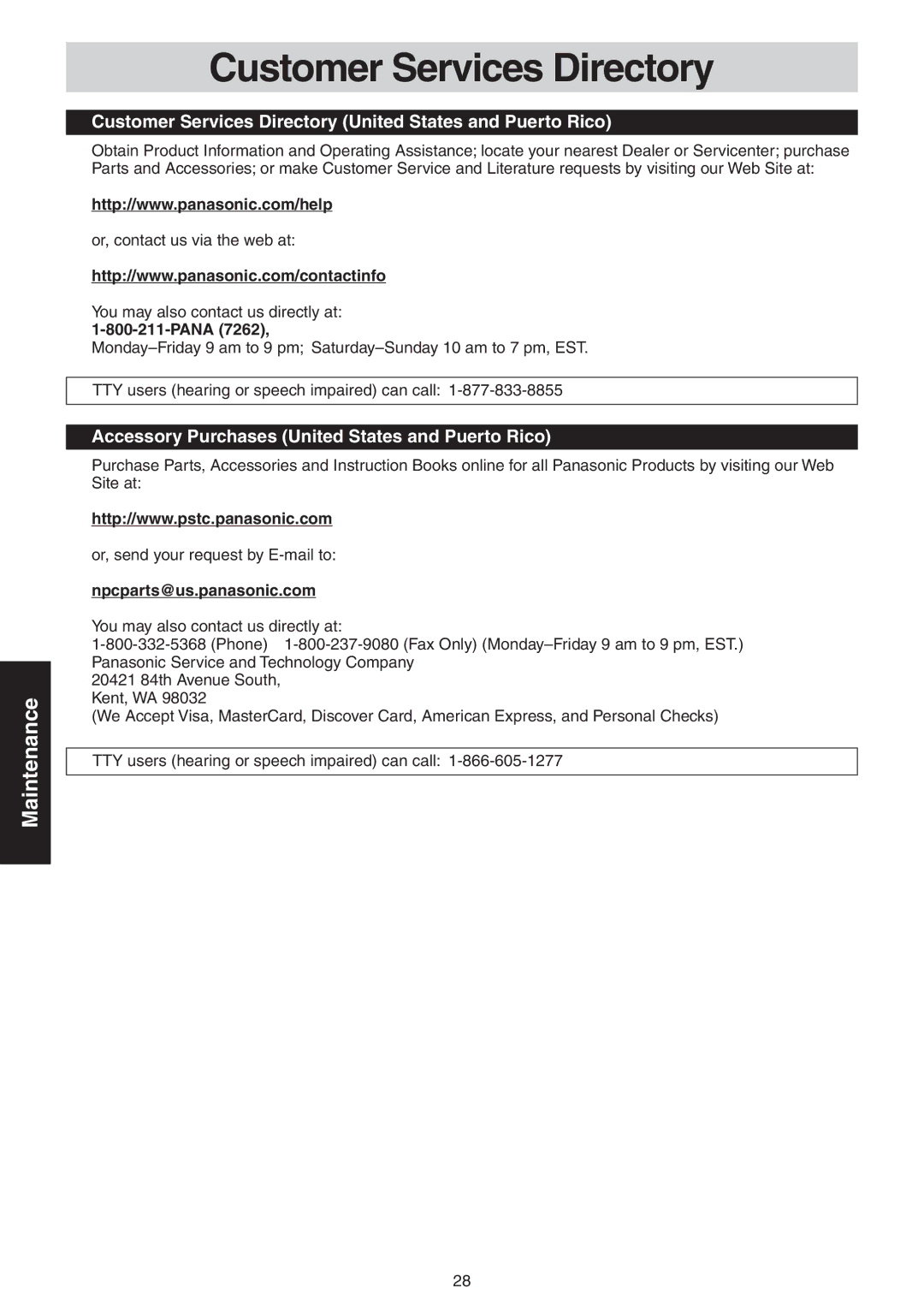 Panasonic NN-CD989S manual Customer Services Directory, Pana, Npcparts@us.panasonic.com 