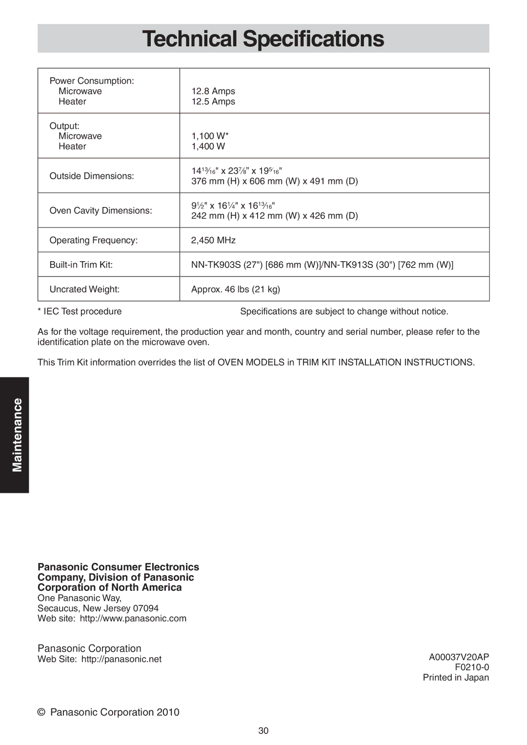 Panasonic NN-CD989S manual Technical Specifications 