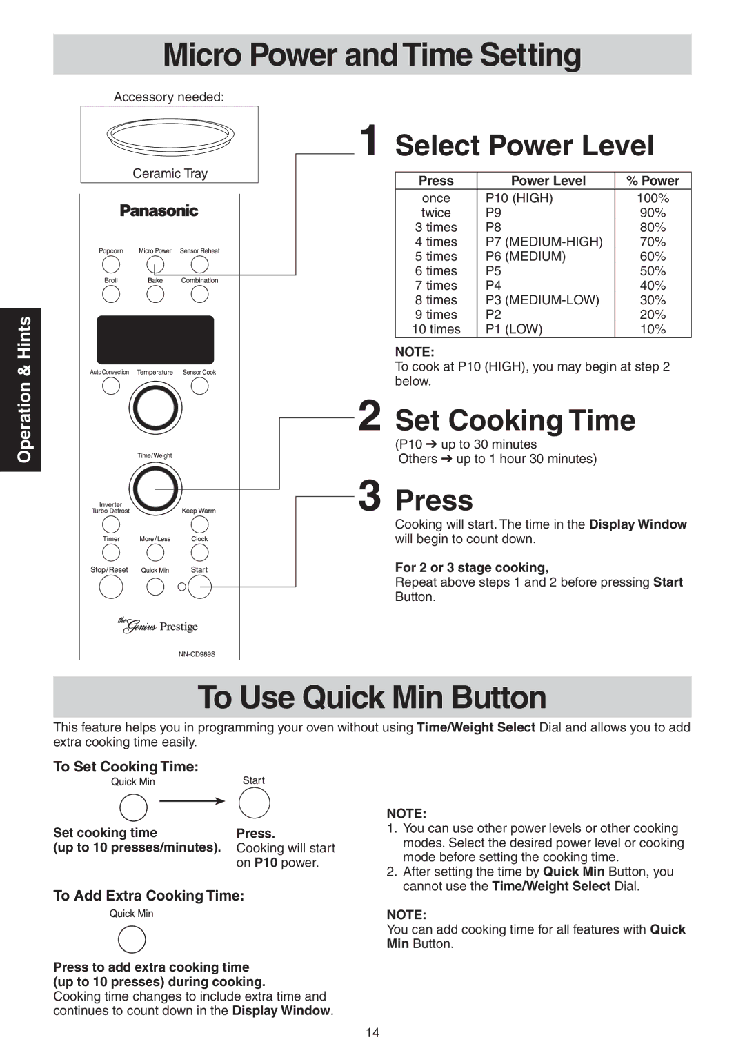 Panasonic NN-CD989S Micro Power and Time Setting, To Use Quick Min Button, Select Power Level, Set Cooking Time, Press 