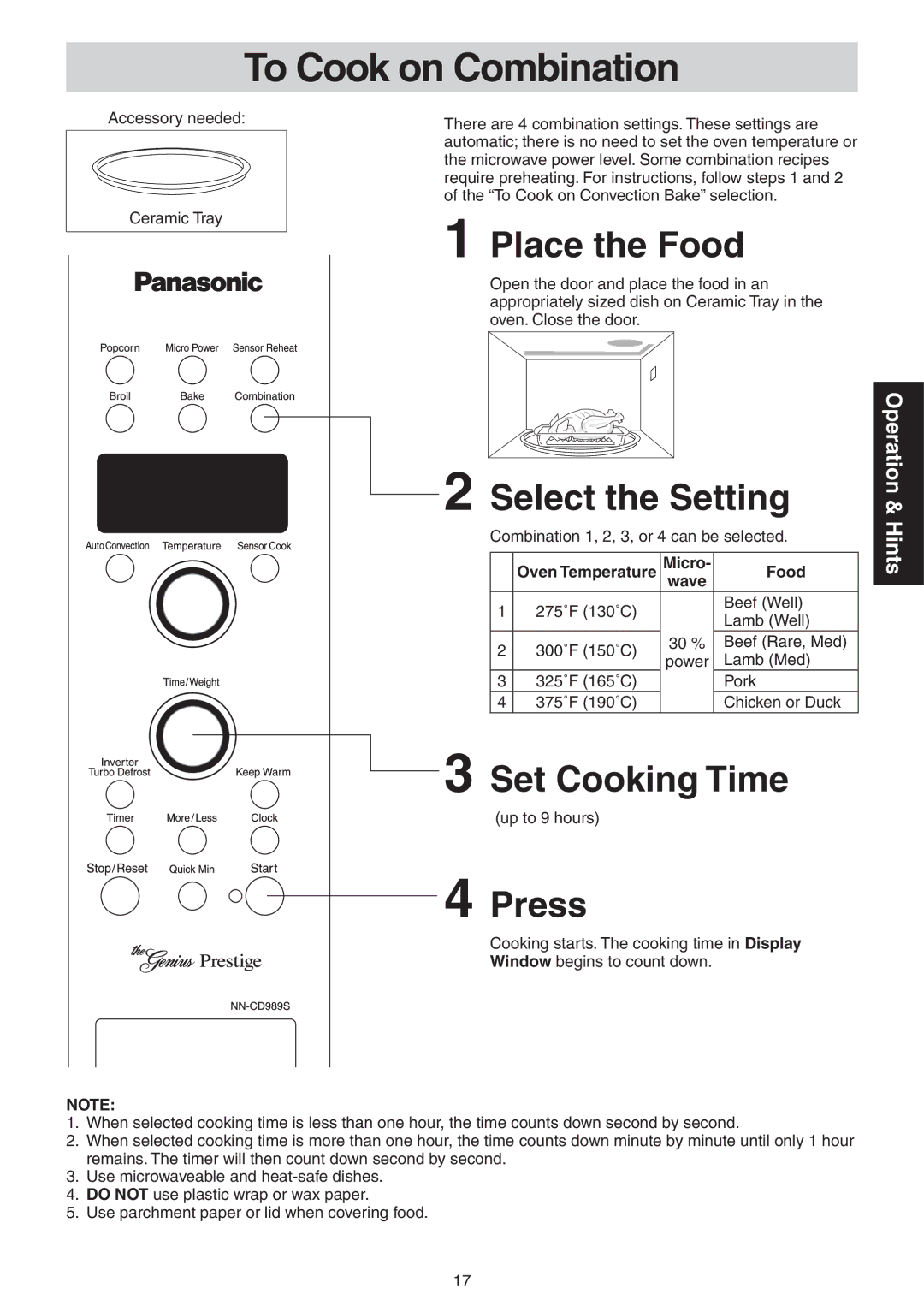 Panasonic NN-CD989S manual To Cook on Combination, Select the Setting, Oven Temperature Micro Food 