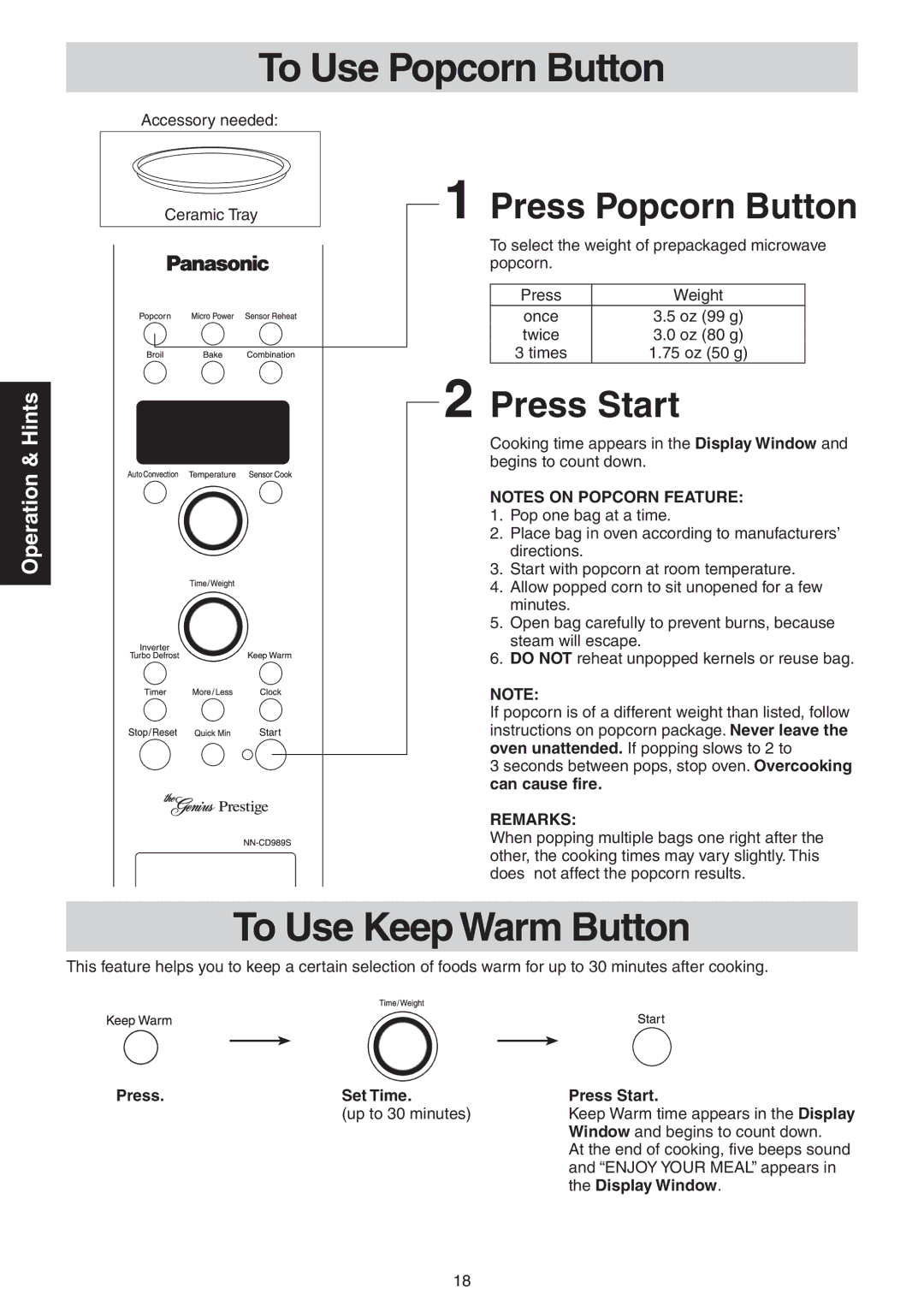 Panasonic NN-CD989S manual To Use Popcorn Button, To Use Keep Warm Button, Press Popcorn Button, Press Start, Remarks 