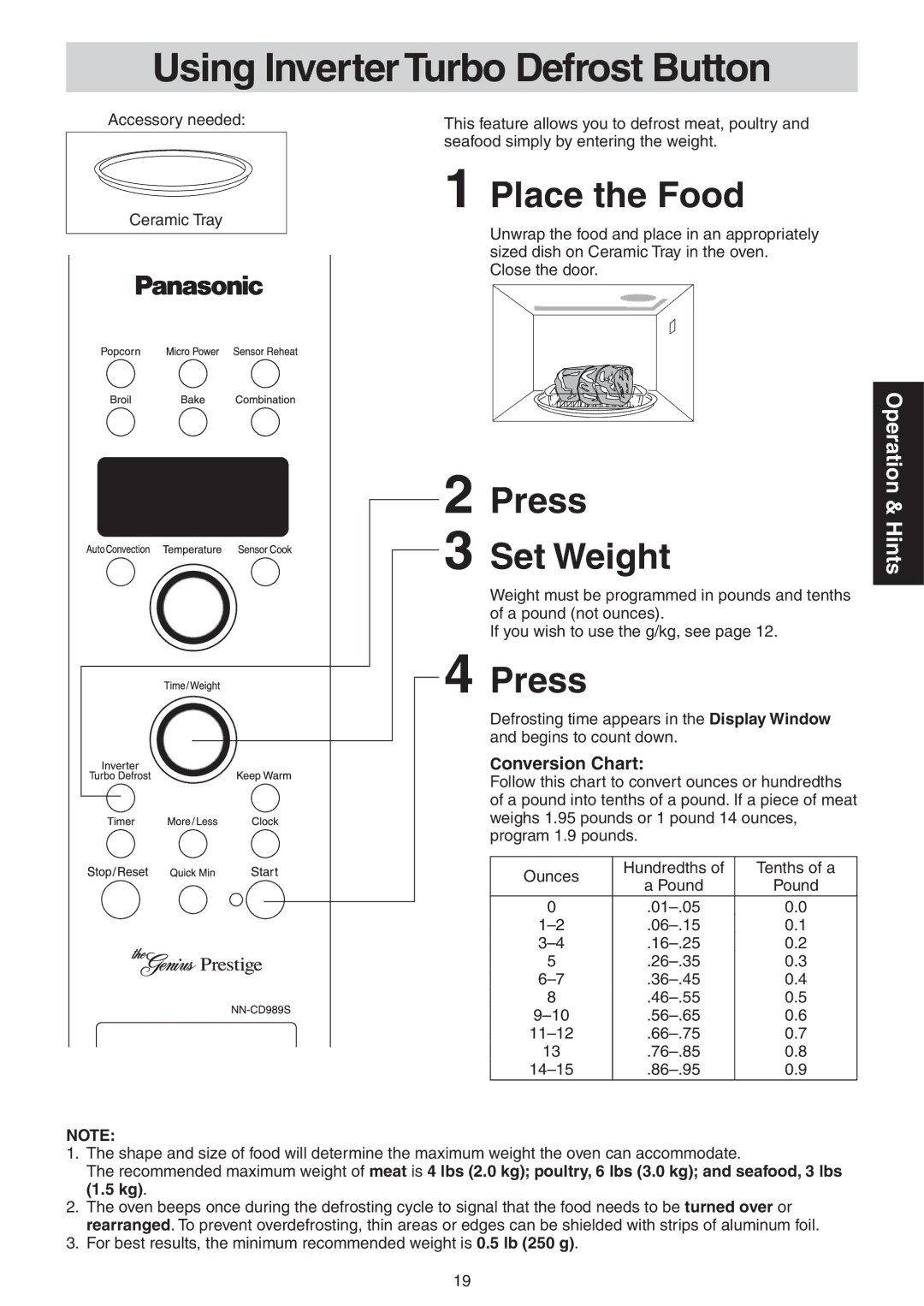 Panasonic NN-CD989S manual Using Inverter Turbo Defrost Button, Press Set Weight 