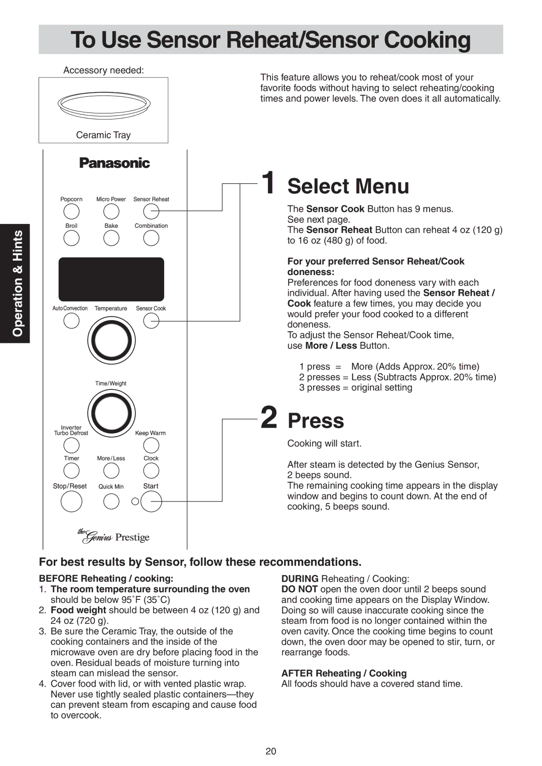 Panasonic NN-CD989S manual To Use Sensor Reheat/Sensor Cooking, Select Menu, For your preferred Sensor Reheat/Cook doneness 