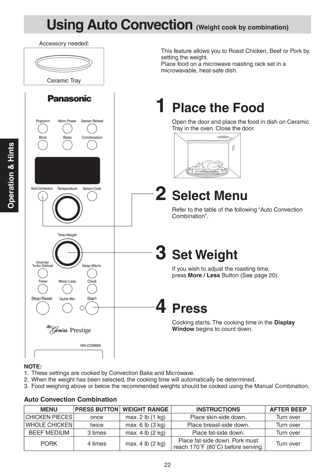 Panasonic NN-CD989S manual Using Auto Convection Weight cook by combination 