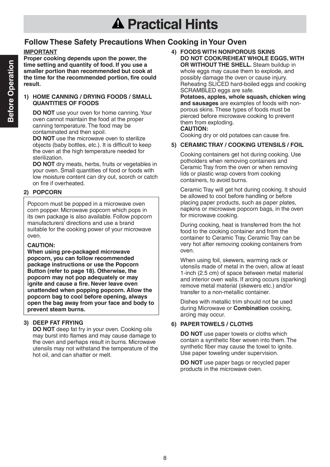 Panasonic NN-CD989S manual Practical Hints 