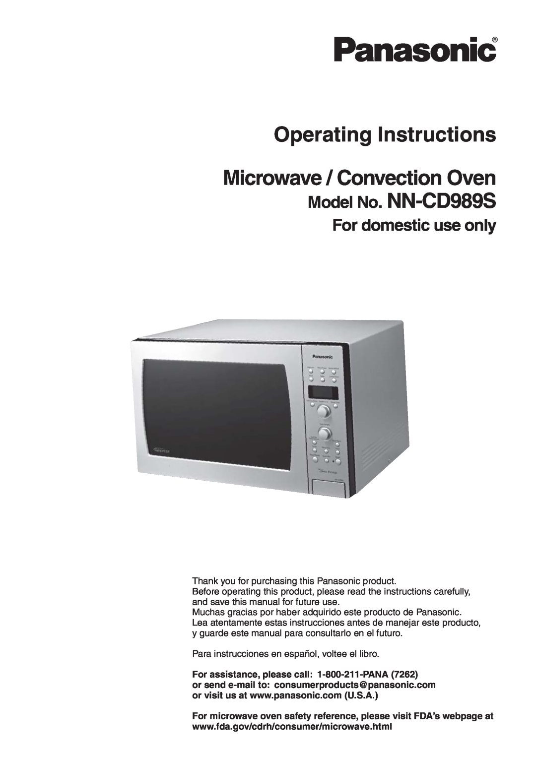 Panasonic manual Operating Instructions, For domestic use only, Microwave / Convection Oven Model No. NN-CD989S 