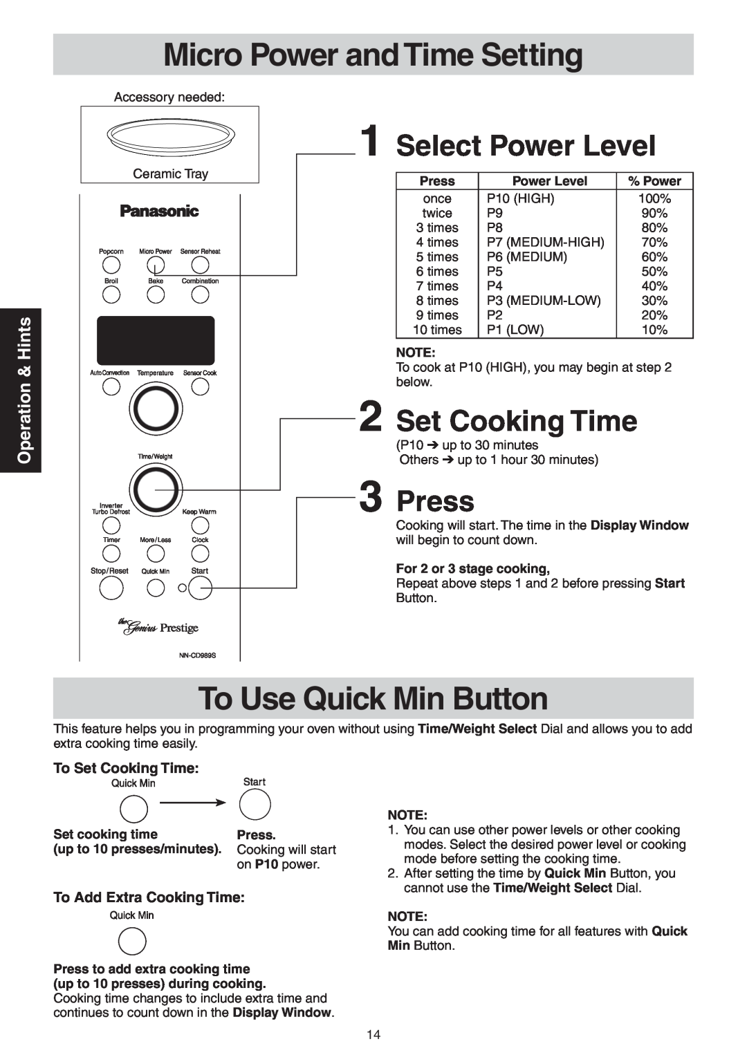 Panasonic NN-CD989S Micro Power and Time Setting, To Use Quick Min Button, 1Select Power Level, 2Set Cooking Time, 3Press 