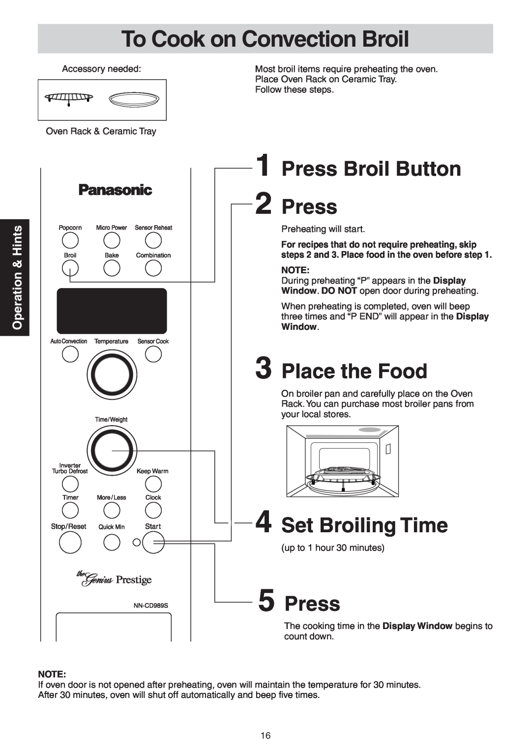 Panasonic NN-CD989S manual To Cook on Convection Broil, 1Press Broil Button 2Press, Place the Food, Set Broiling Time 