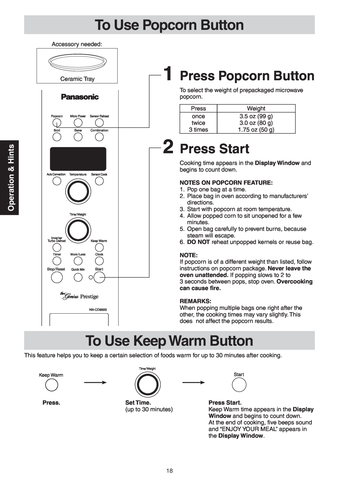 Panasonic NN-CD989S To Use Popcorn Button, To Use Keep Warm Button, 1Press Popcorn Button, 2Press Start, Operation & Hints 