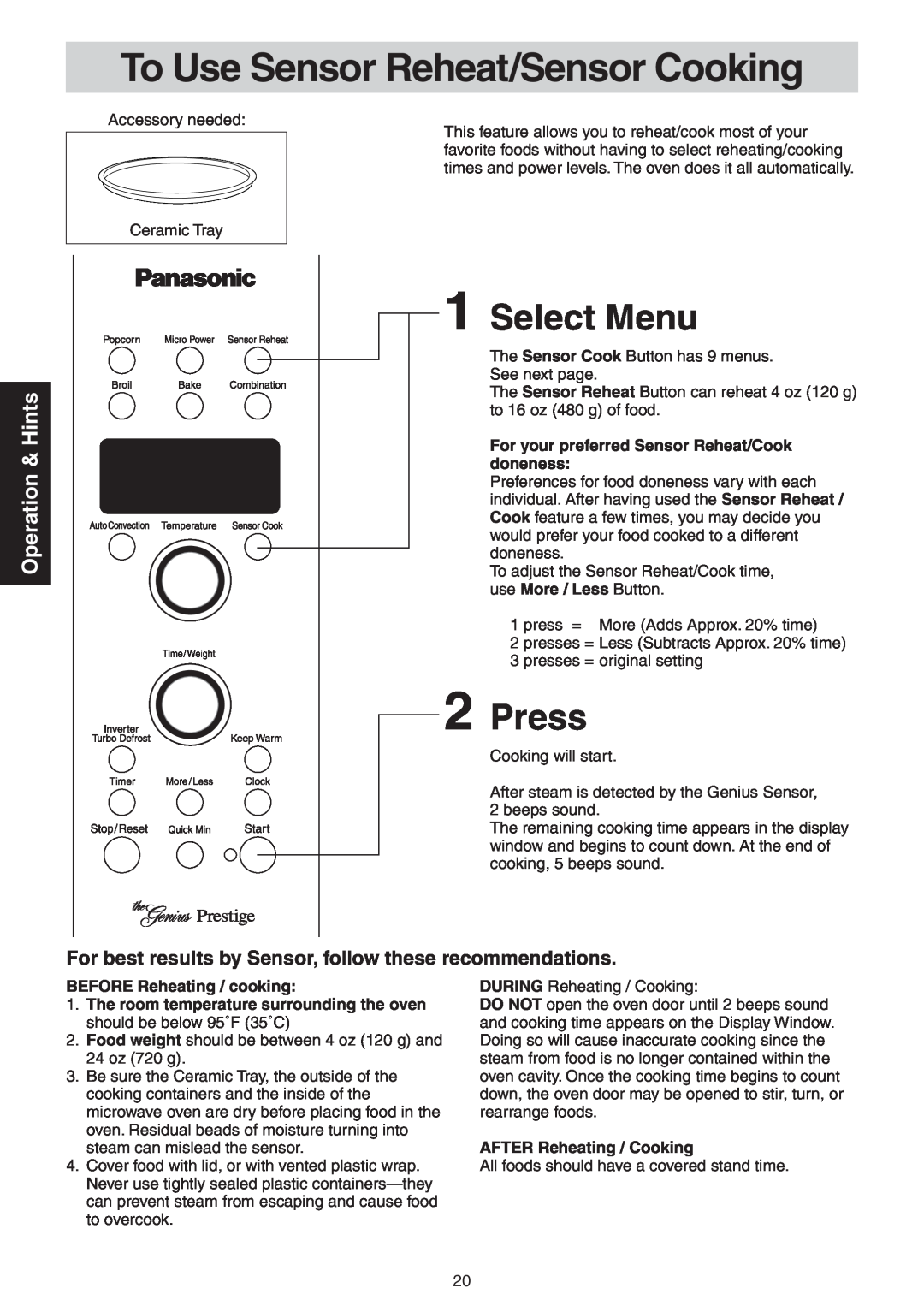 Panasonic NN-CD989S manual To Use Sensor Reheat/Sensor Cooking, Select Menu, Press, Operation & Hints 