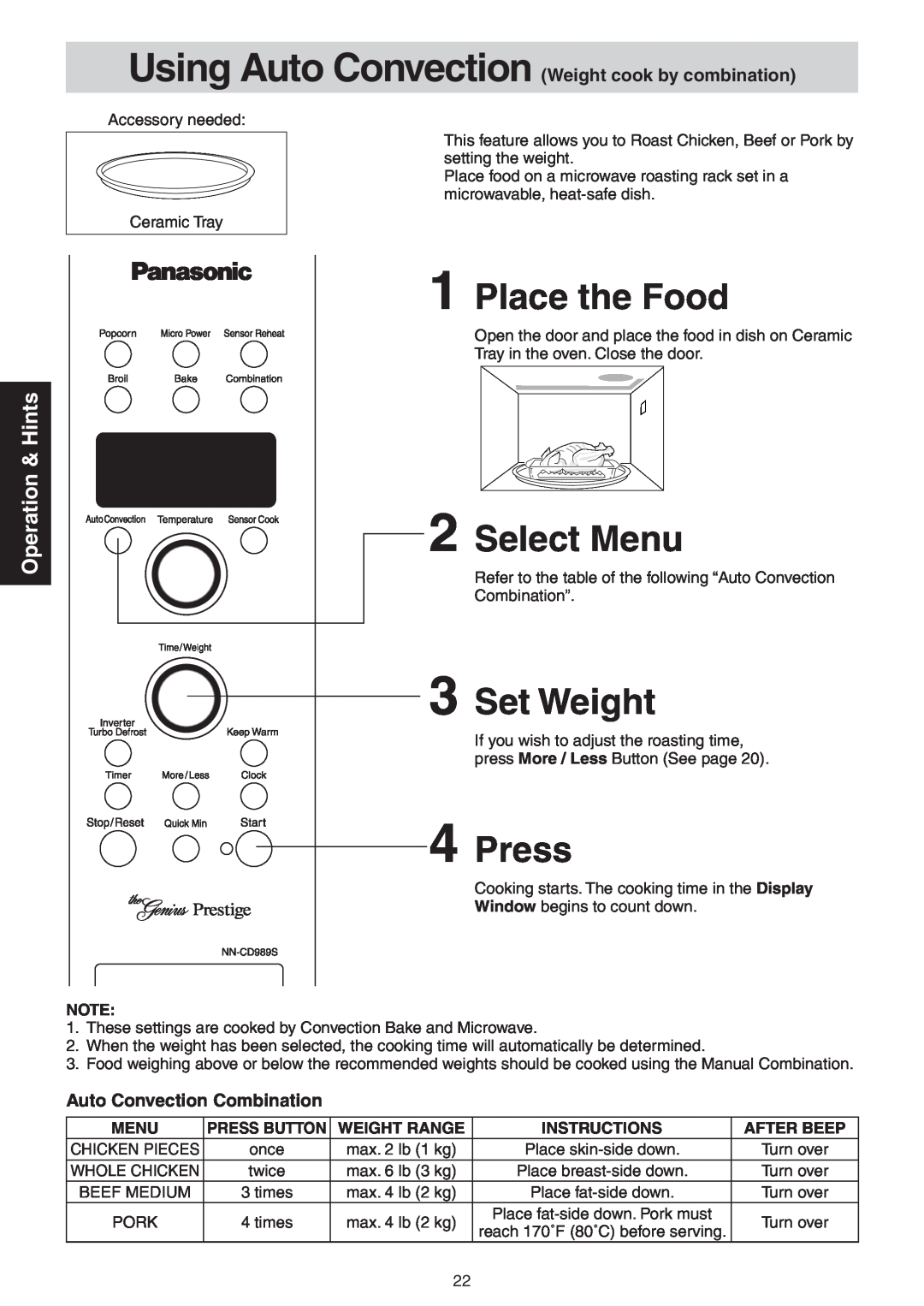 Panasonic NN-CD989S manual Select Menu, Set Weight, Press, 1Place the Food, Operation & Hints, Auto Convection Combination 