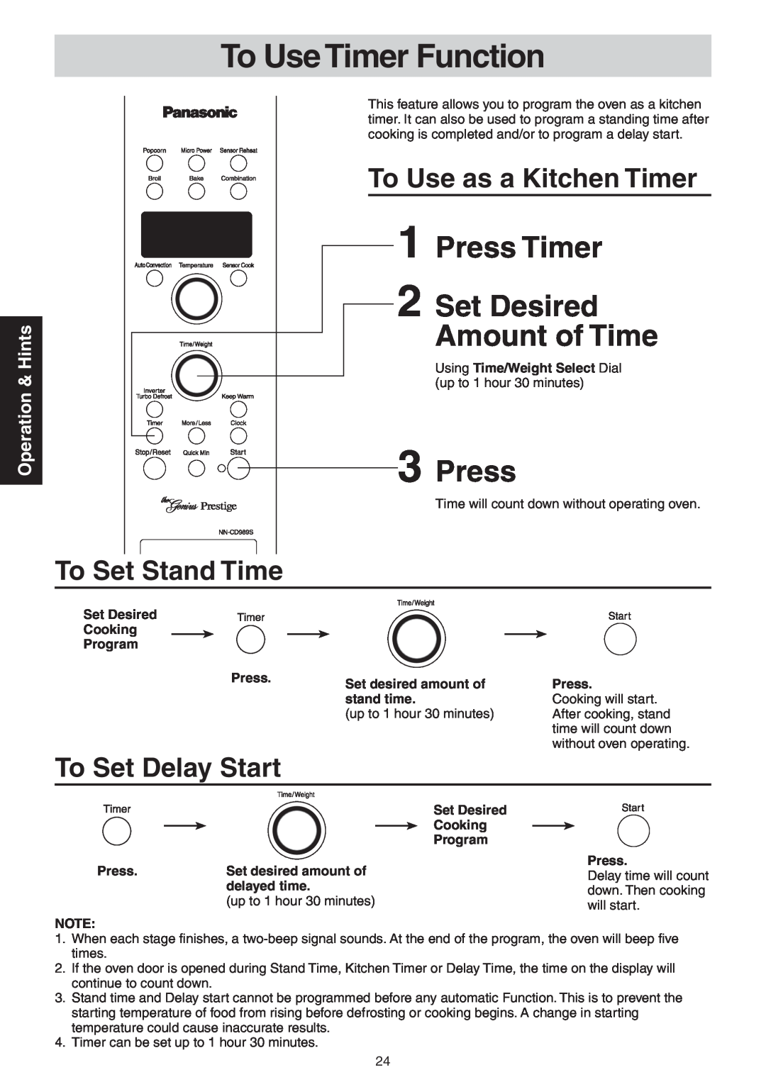 Panasonic NN-CD989S manual To Use Timer Function, Press Timer 2 Set Desired Amount of Time, To Use as a Kitchen Timer 
