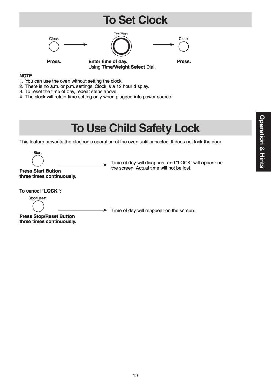 Panasonic NN-CD989S manual To Set Clock, To Use Child Safety Lock, Operation & Hints 