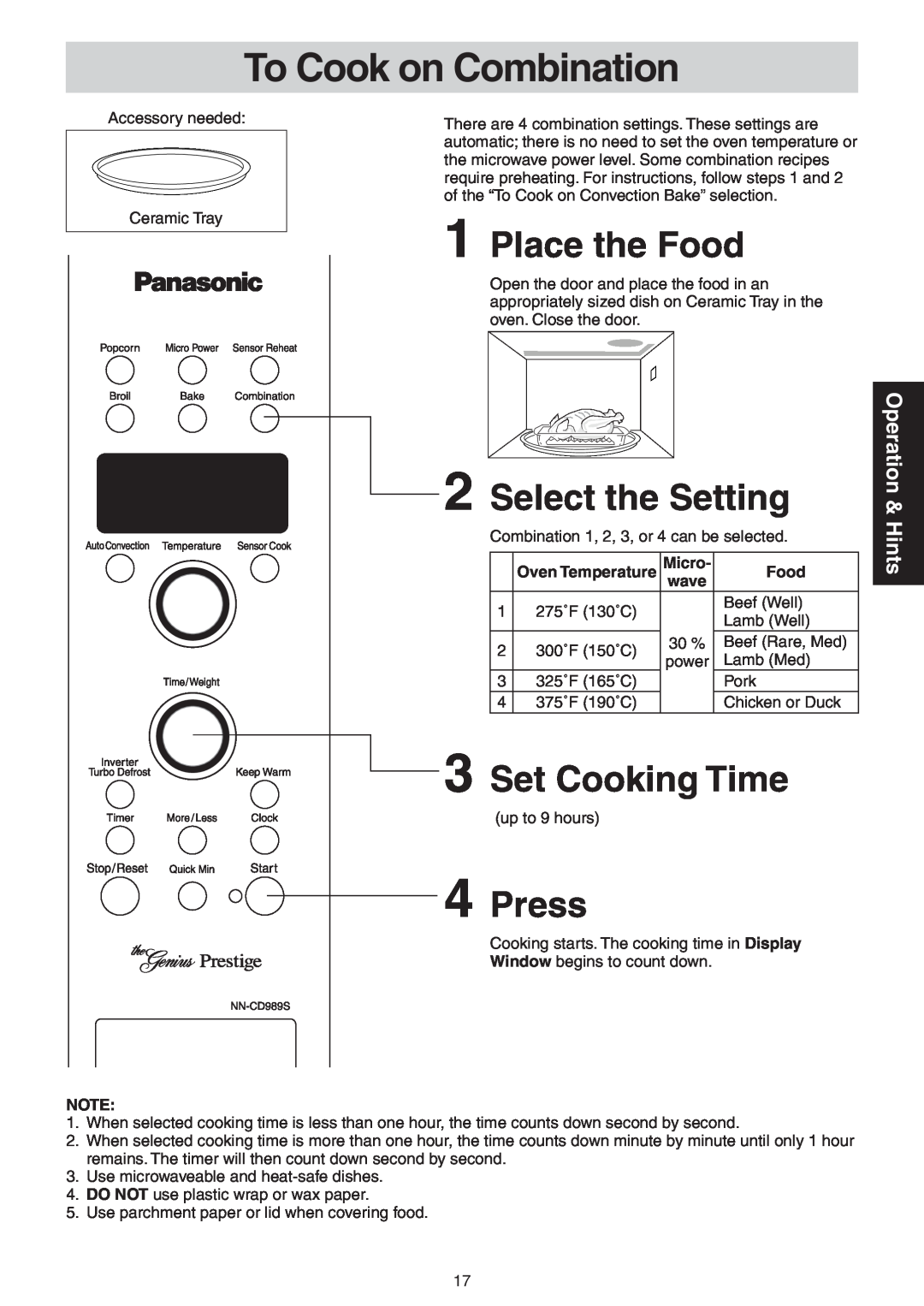 Panasonic NN-CD989S To Cook on Combination, Place the Food, Select the Setting, Set Cooking Time, Press, Operation & Hints 
