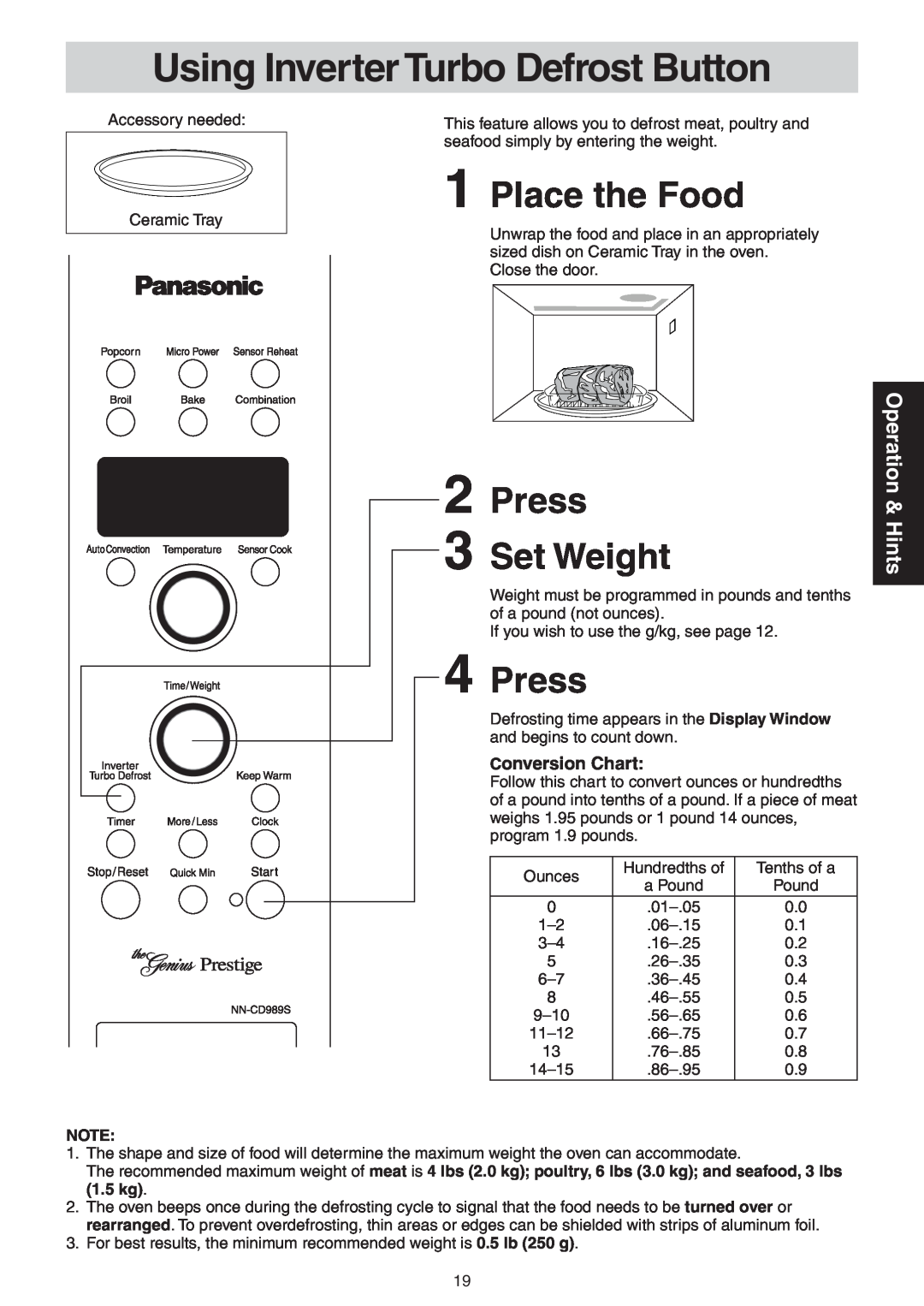 Panasonic NN-CD989S manual Using Inverter Turbo Defrost Button, Press 3 Set Weight, Place the Food, Operation & Hints 