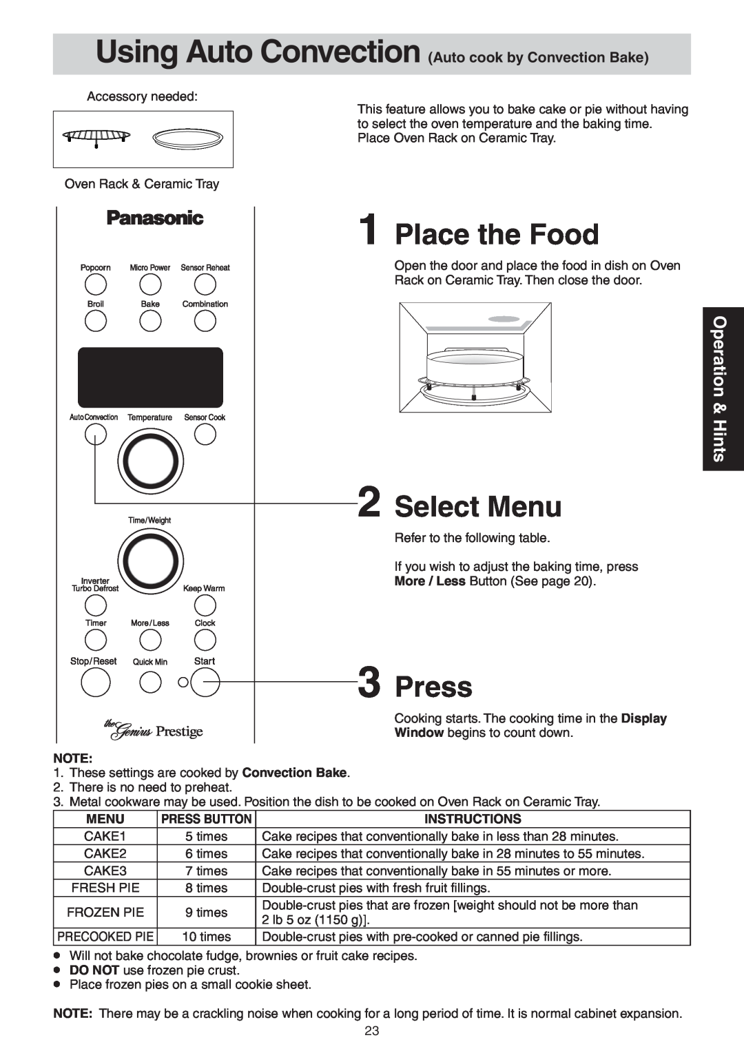 Panasonic NN-CD989S manual Select Menu, Press, Place the Food, Operation & Hints 