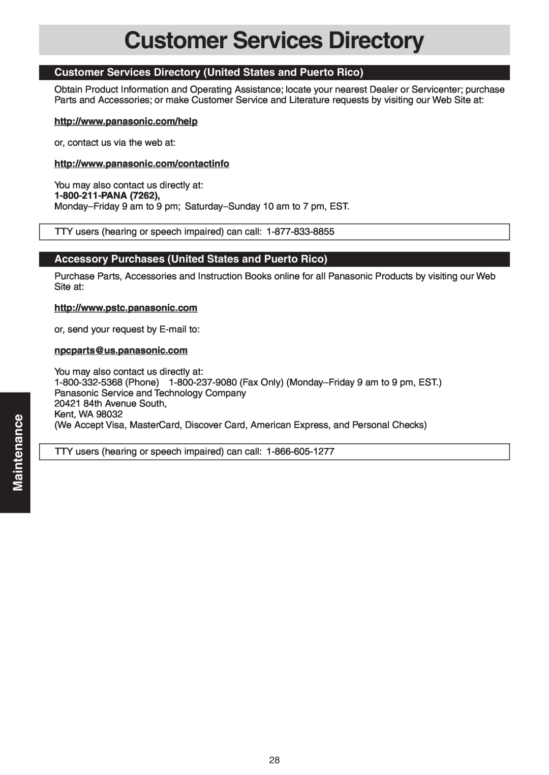 Panasonic NN-CD989S manual Maintenance, Customer Services Directory United States and Puerto Rico 