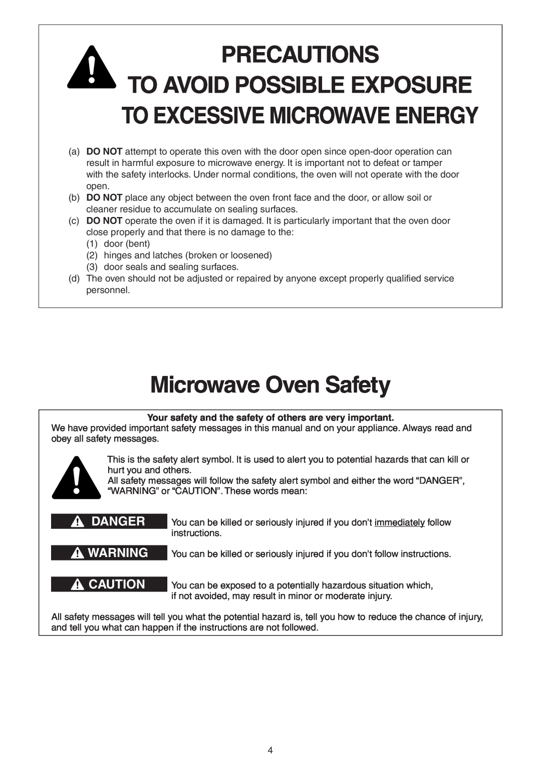 Panasonic NN-CD989S Precautions, Microwave Oven Safety, To Avoid Possible Exposure To Excessive Microwave Energy, Danger 