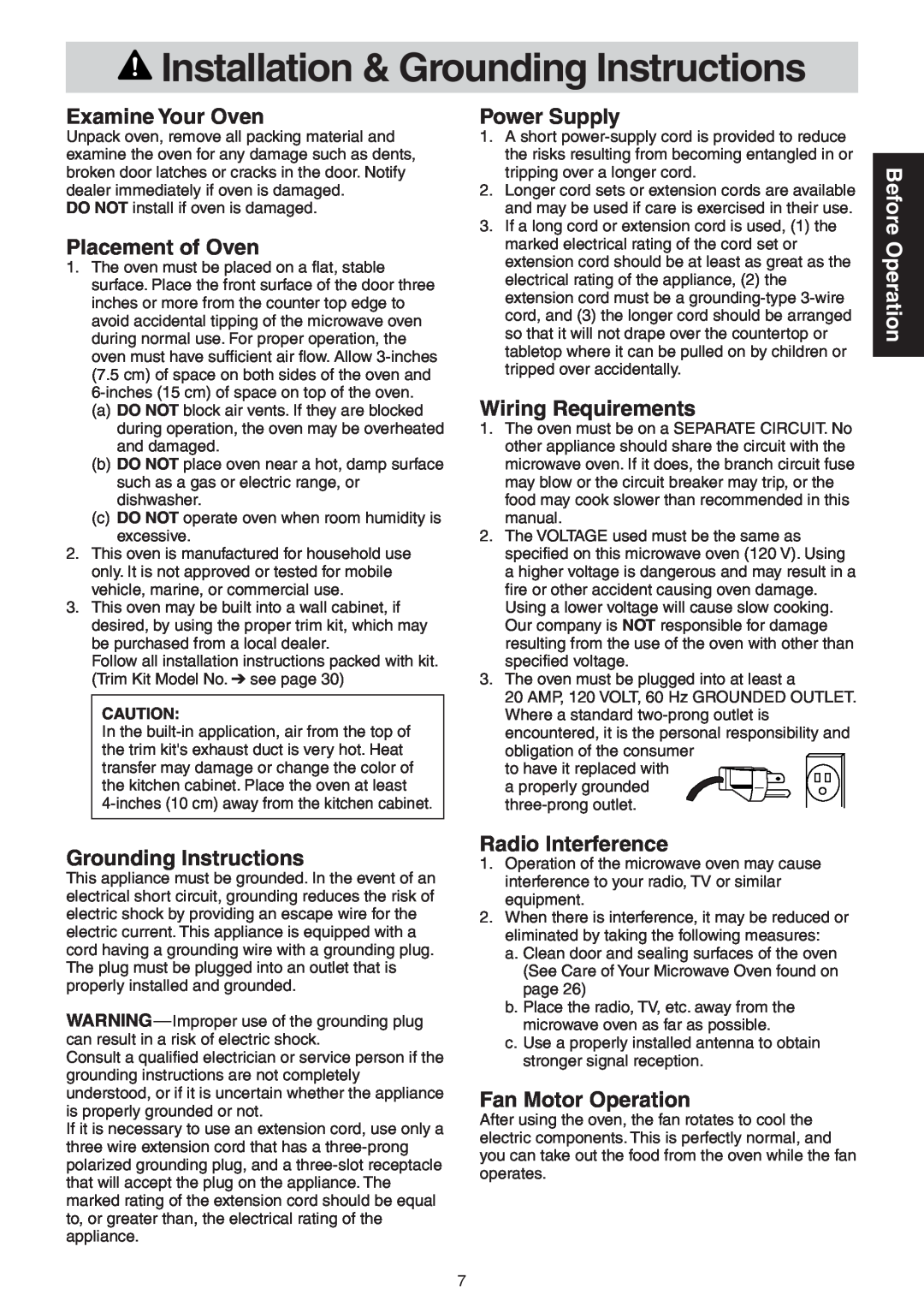Panasonic NN-CD989S manual Installation & Grounding Instructions, Examine Your Oven, Placement of Oven, Power Supply 