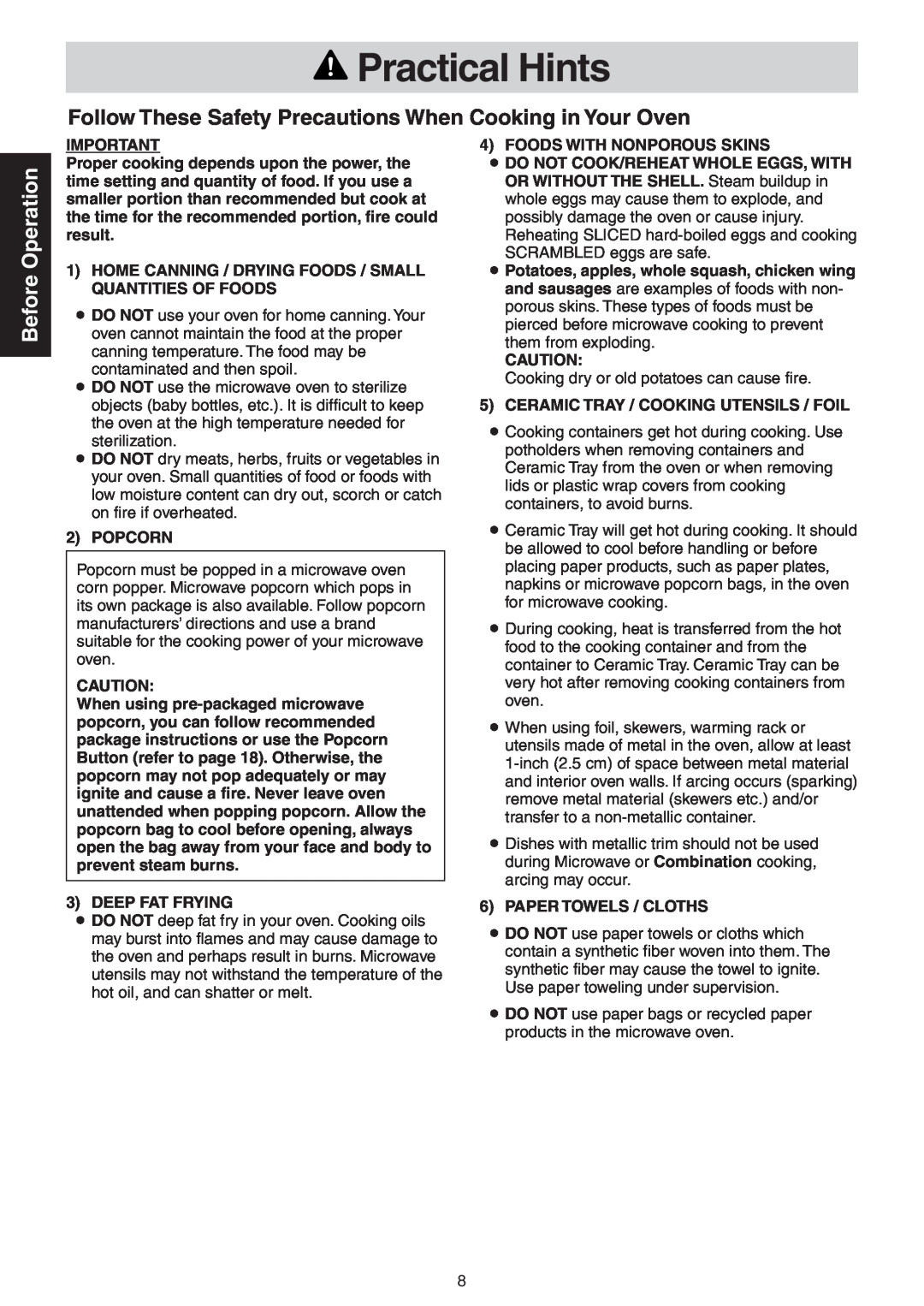 Panasonic NN-CD989S manual Practical Hints, Follow These Safety Precautions When Cooking in Your Oven, Before Operation 