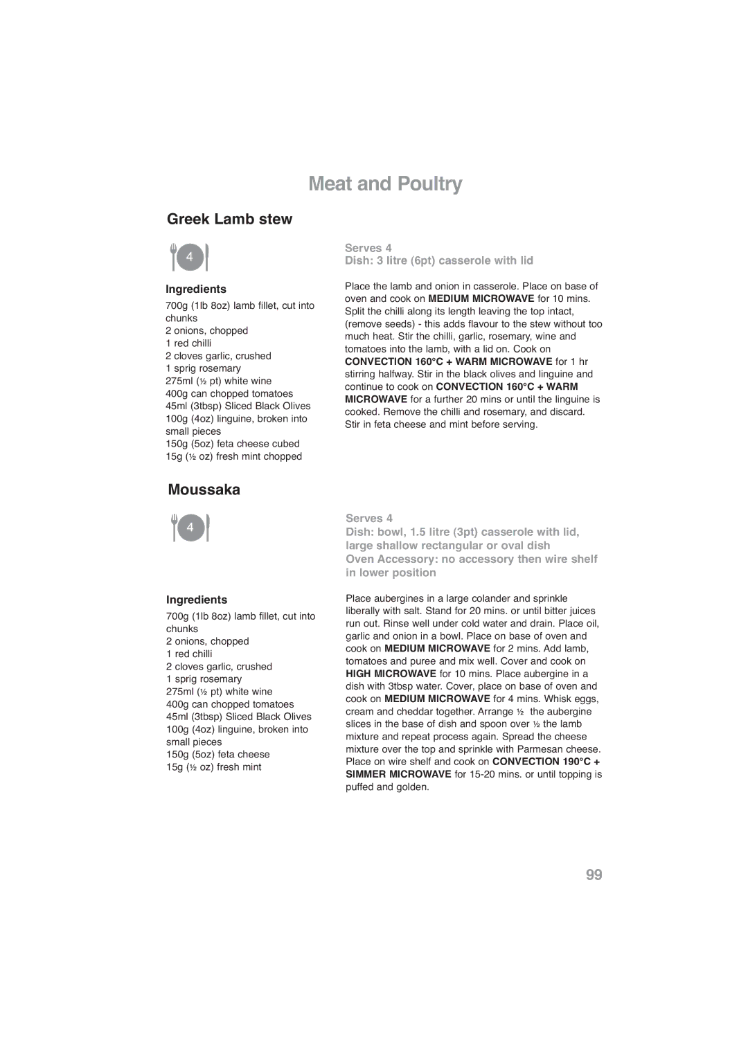 Panasonic NN-CF778S, NN-CF768M operating instructions Greek Lamb stew, Moussaka, Serves Dish 3 litre 6pt casserole with lid 