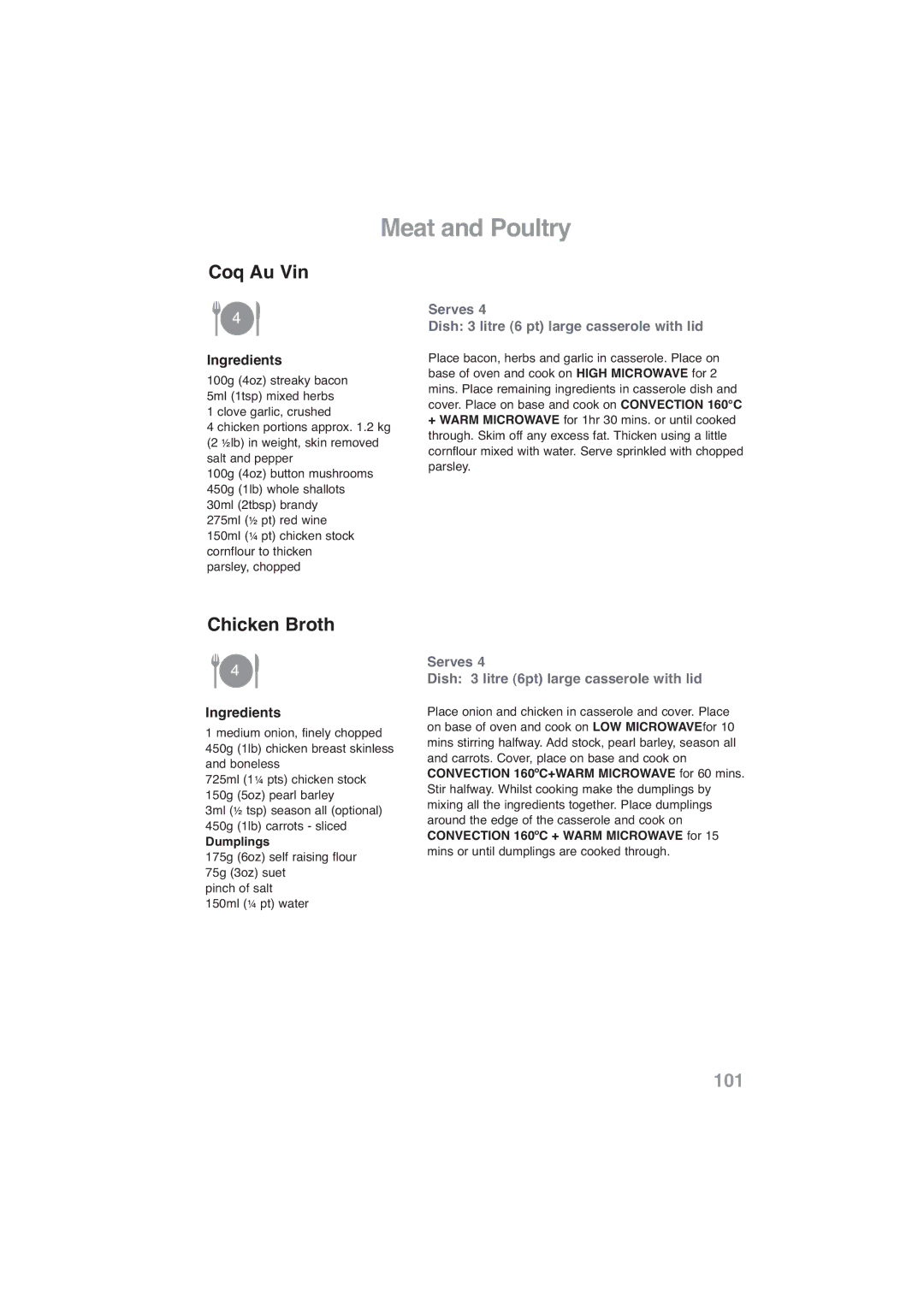 Panasonic NN-CF778S, NN-CF768M operating instructions Coq Au Vin, Chicken Broth, Convection 160ºC + Warm Microwave for 