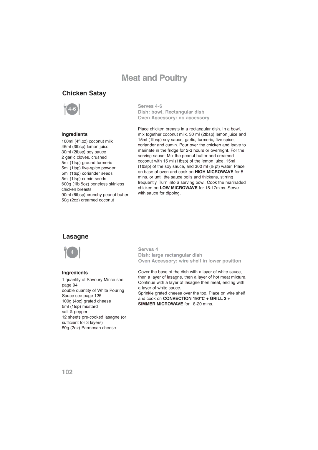 Panasonic NN-CF768M, NN-CF778S operating instructions Chicken Satay, Lasagne, Simmer Microwave for 18-20 mins 