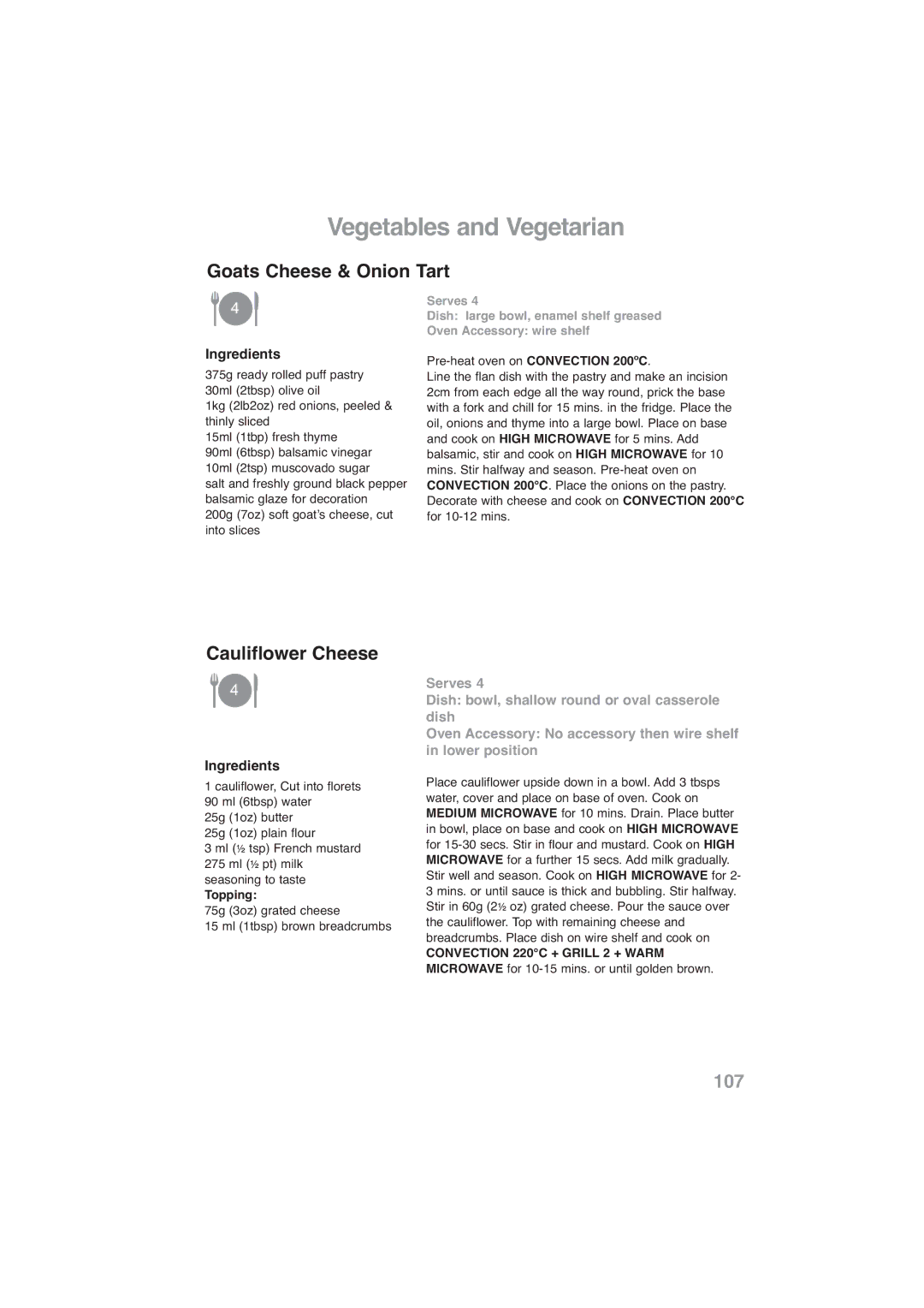 Panasonic NN-CF778S, NN-CF768M operating instructions Goats Cheese & Onion Tart, Cauliflower Cheese, Topping 