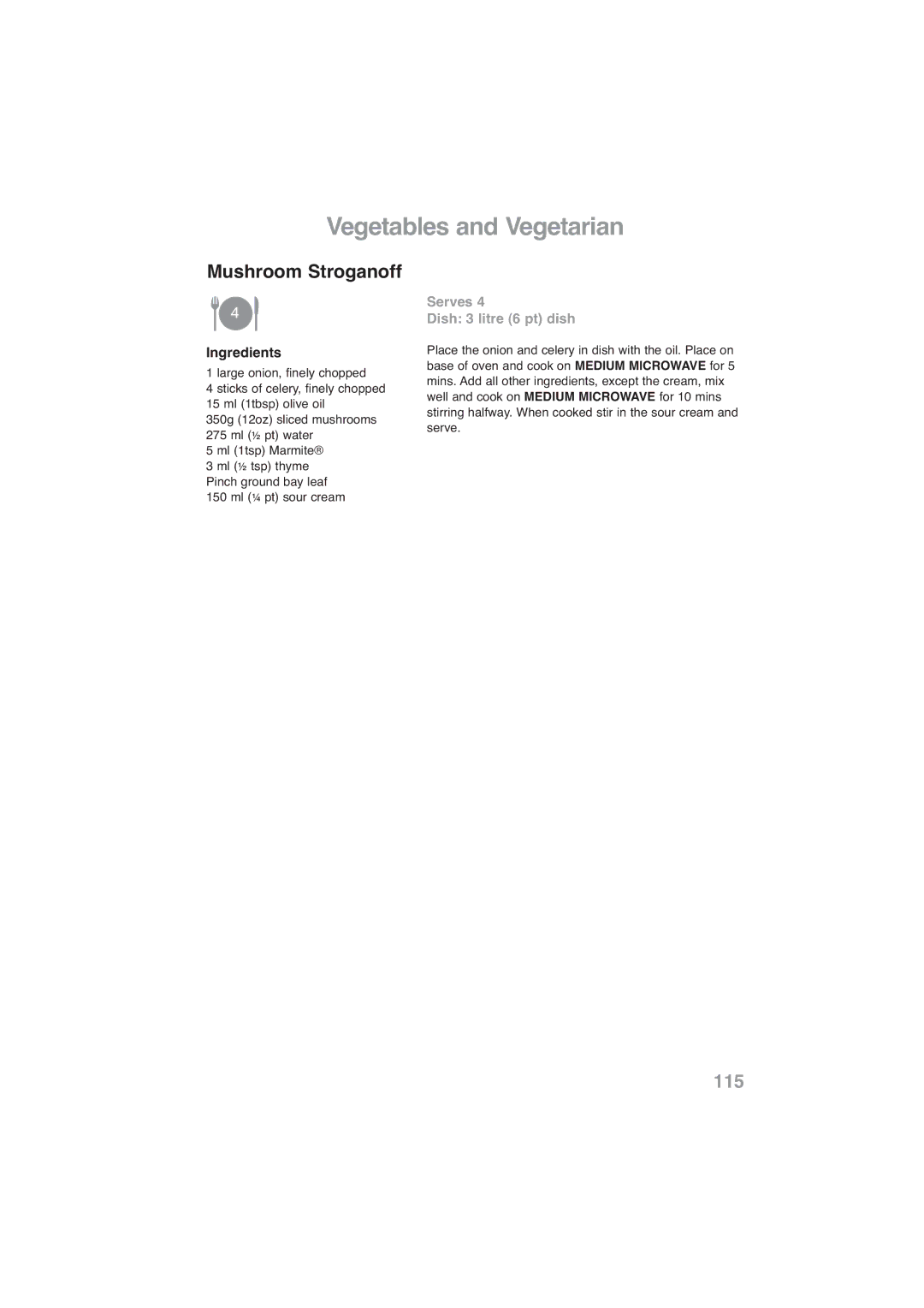 Panasonic NN-CF778S, NN-CF768M operating instructions Mushroom Stroganoff, Serves Dish 3 litre 6 pt dish 