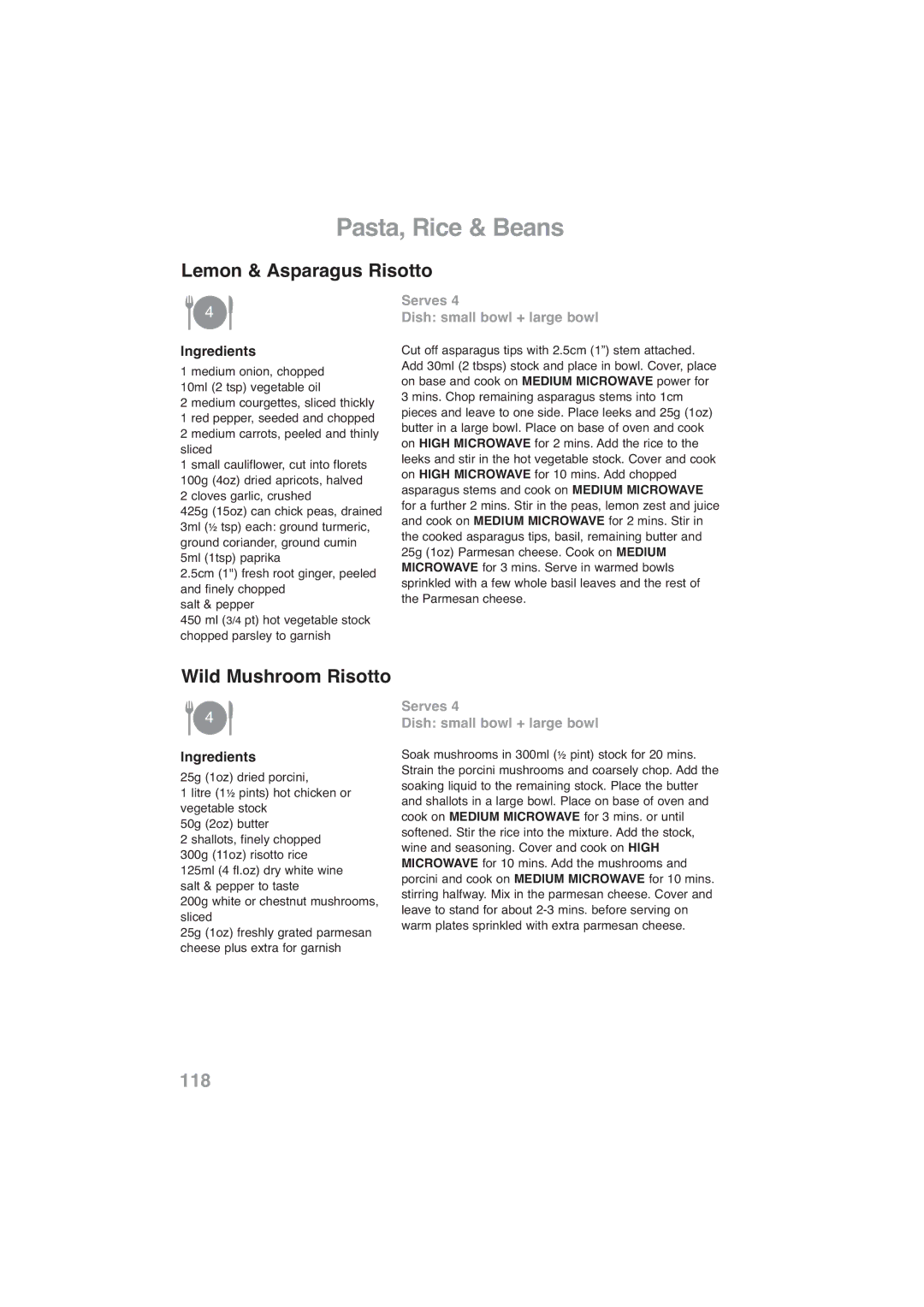 Panasonic NN-CF768M, NN-CF778S Lemon & Asparagus Risotto, Wild Mushroom Risotto, Serves Dish small bowl + large bowl 