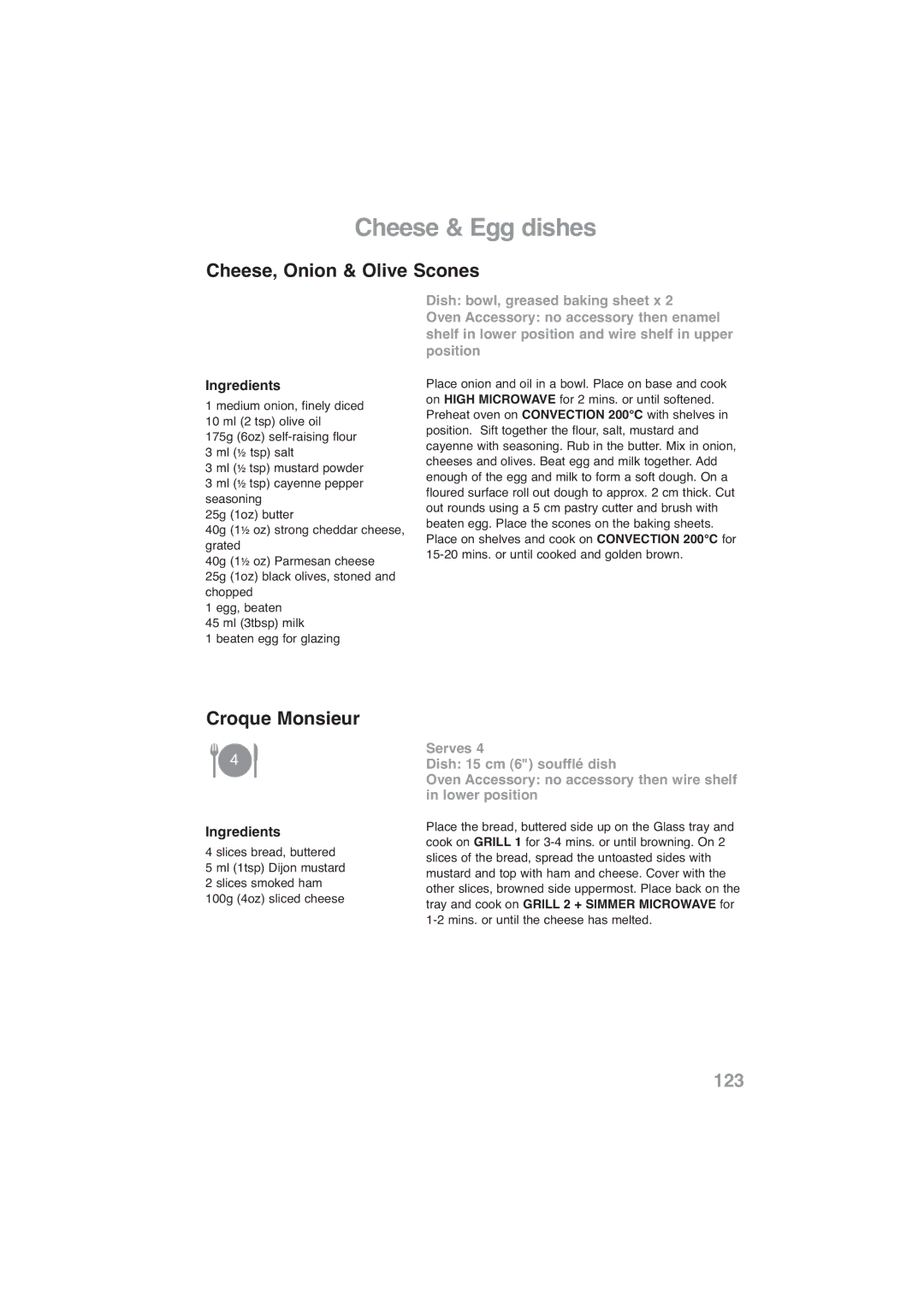 Panasonic NN-CF778S, NN-CF768M operating instructions Cheese, Onion & Olive Scones, Croque Monsieur 