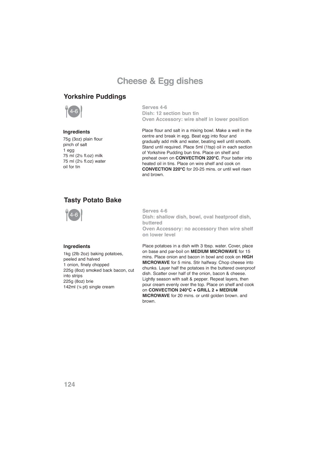 Panasonic NN-CF768M, NN-CF778S operating instructions Yorkshire Puddings, Tasty Potato Bake 